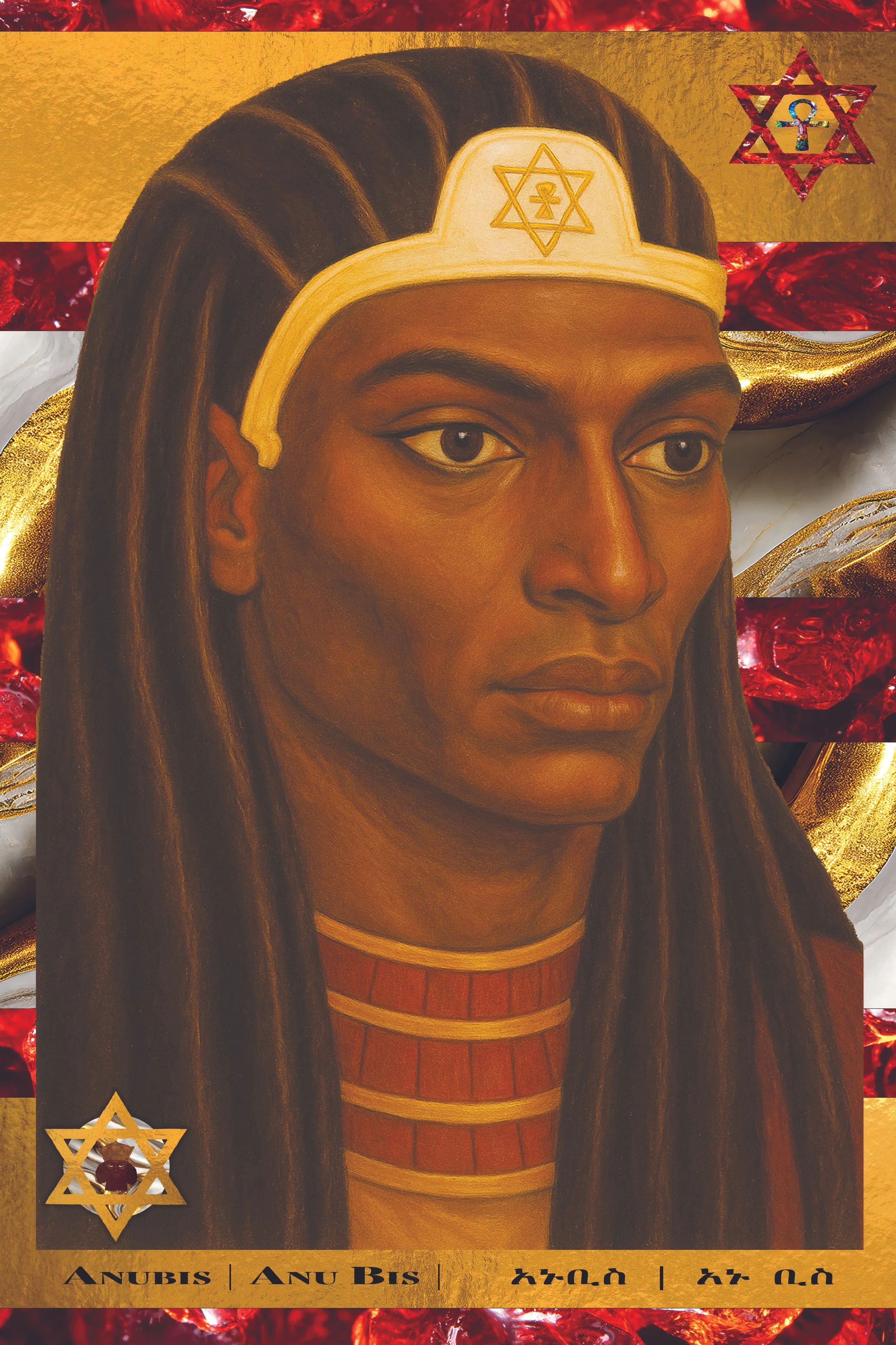 A portrait of a woman with long dark hair, wearing an intricate headband with a Star of David symbol, gold, and red jewelry, with decorative gold and red background elements.