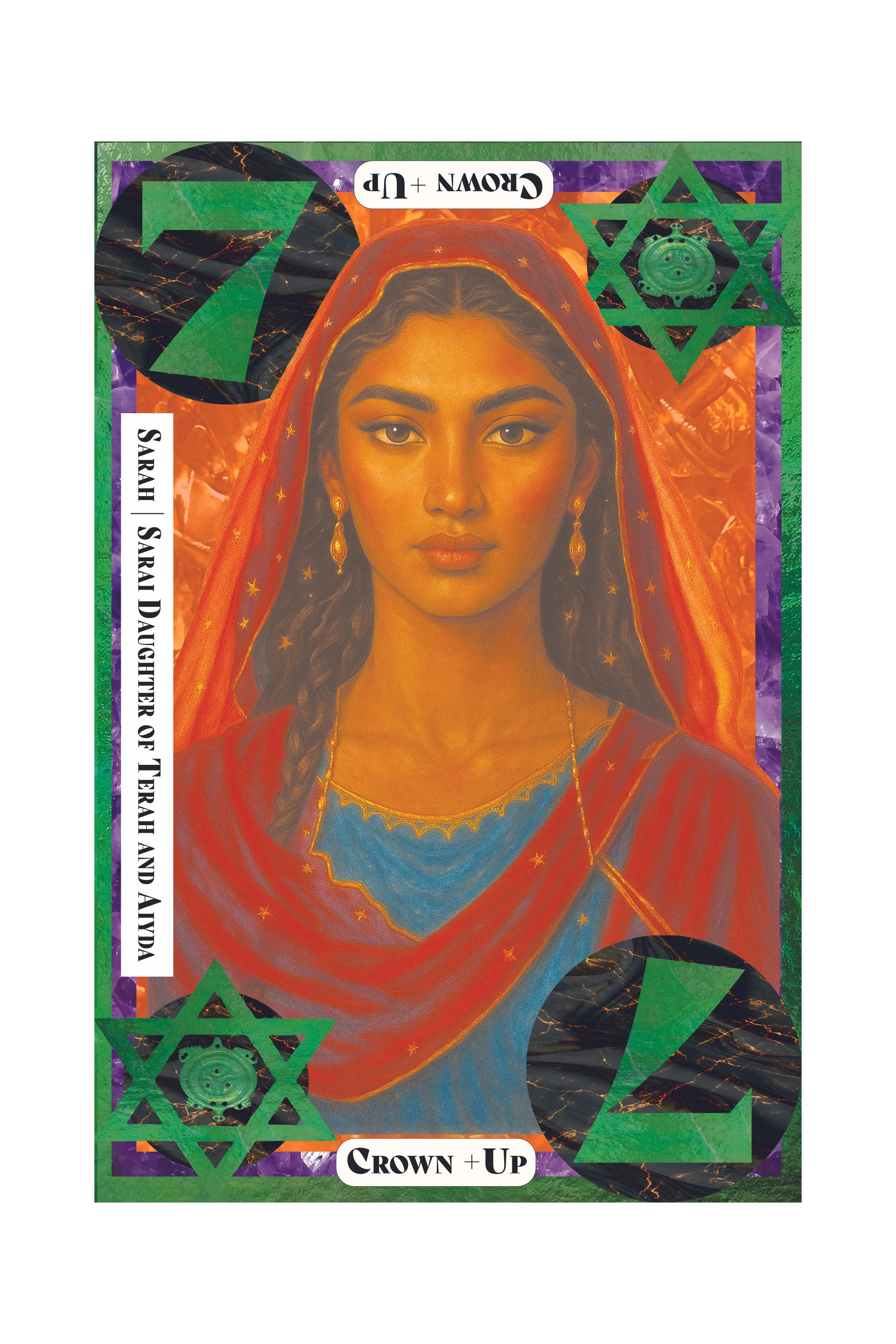 Front trading card featuring a portrait of a woman with long dark hair, gold earrings, and a red shawl, decorated with geometrical patterns and symbols, including a green star and circular motifs.