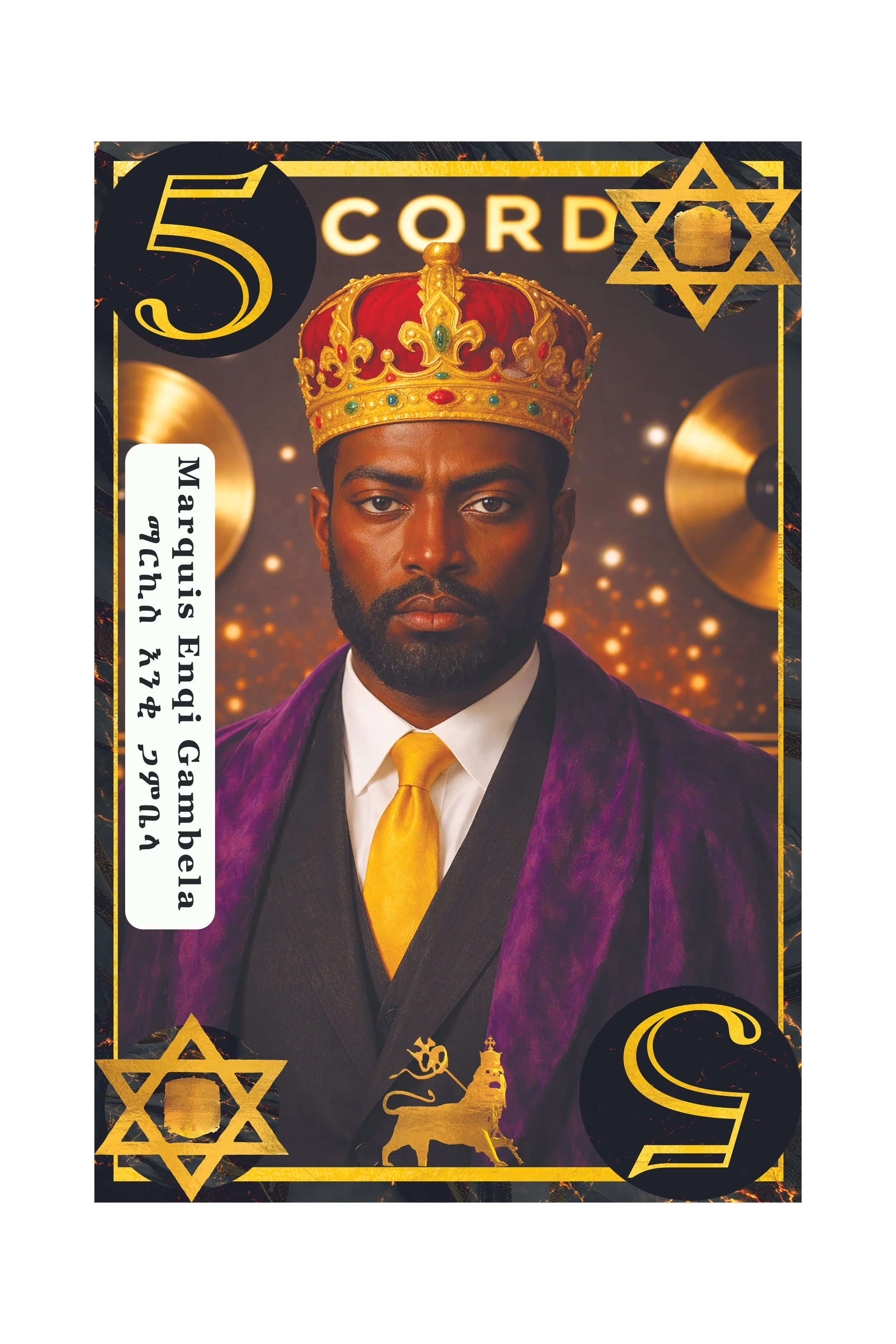 Book cover featuring a man with a dark beard wearing a crown and a purple velvet jacket with a yellow tie. The background has golden lights and symbols including stars, a lion, and Hebrew text. The title appears partly visible. The cover has a black 