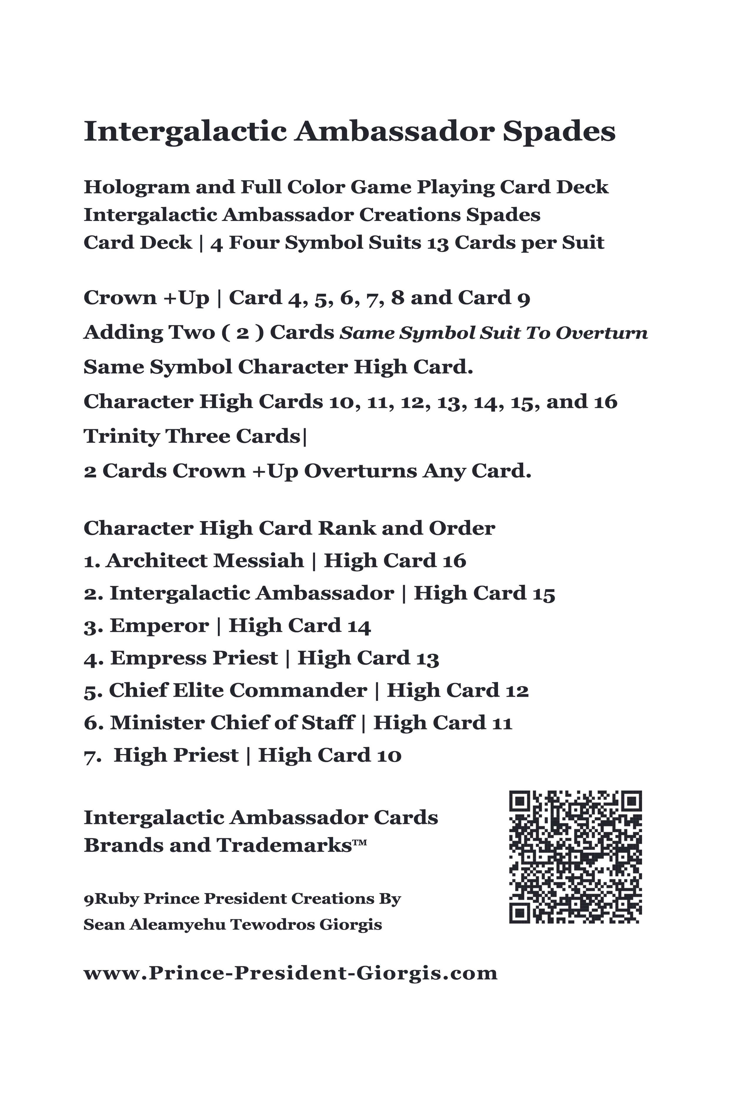 Image of intergalactic ambassador spades card deck with detailed text describing the card game, symbols, and rankings, including a QR code at the bottom.