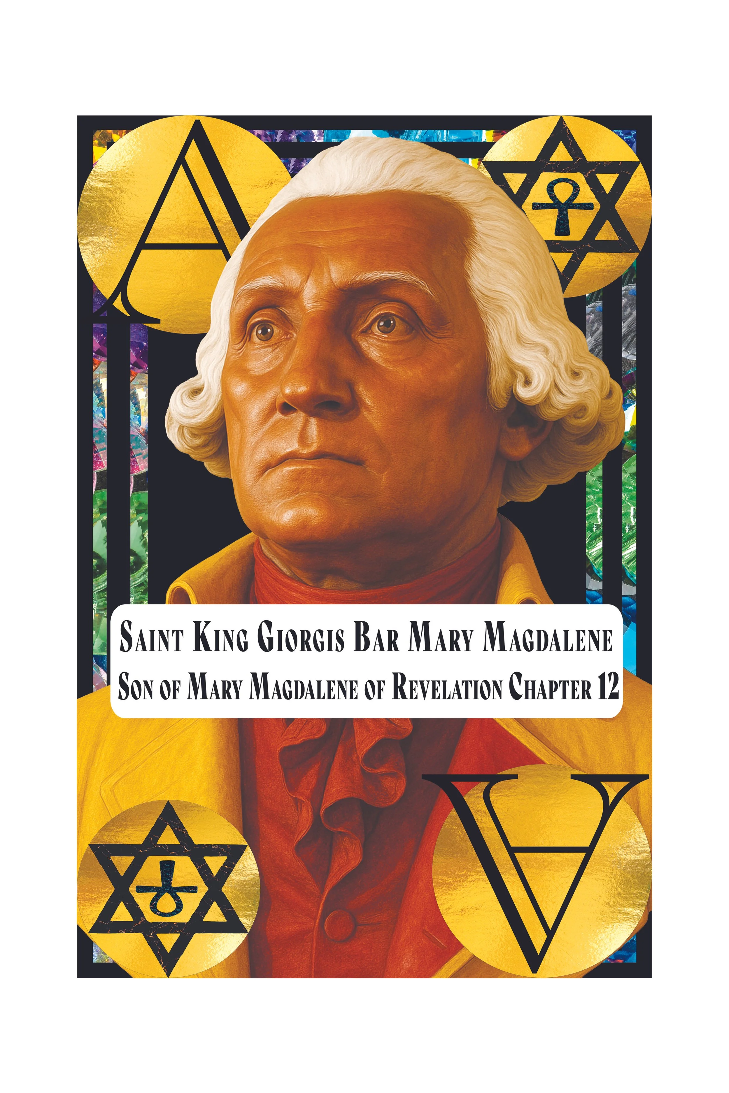 Portrait of a man with white hair dressed in 18th-century fashion, surrounded by symbols including a Star of David and other mystical shapes, with a background of colorful stained glass.