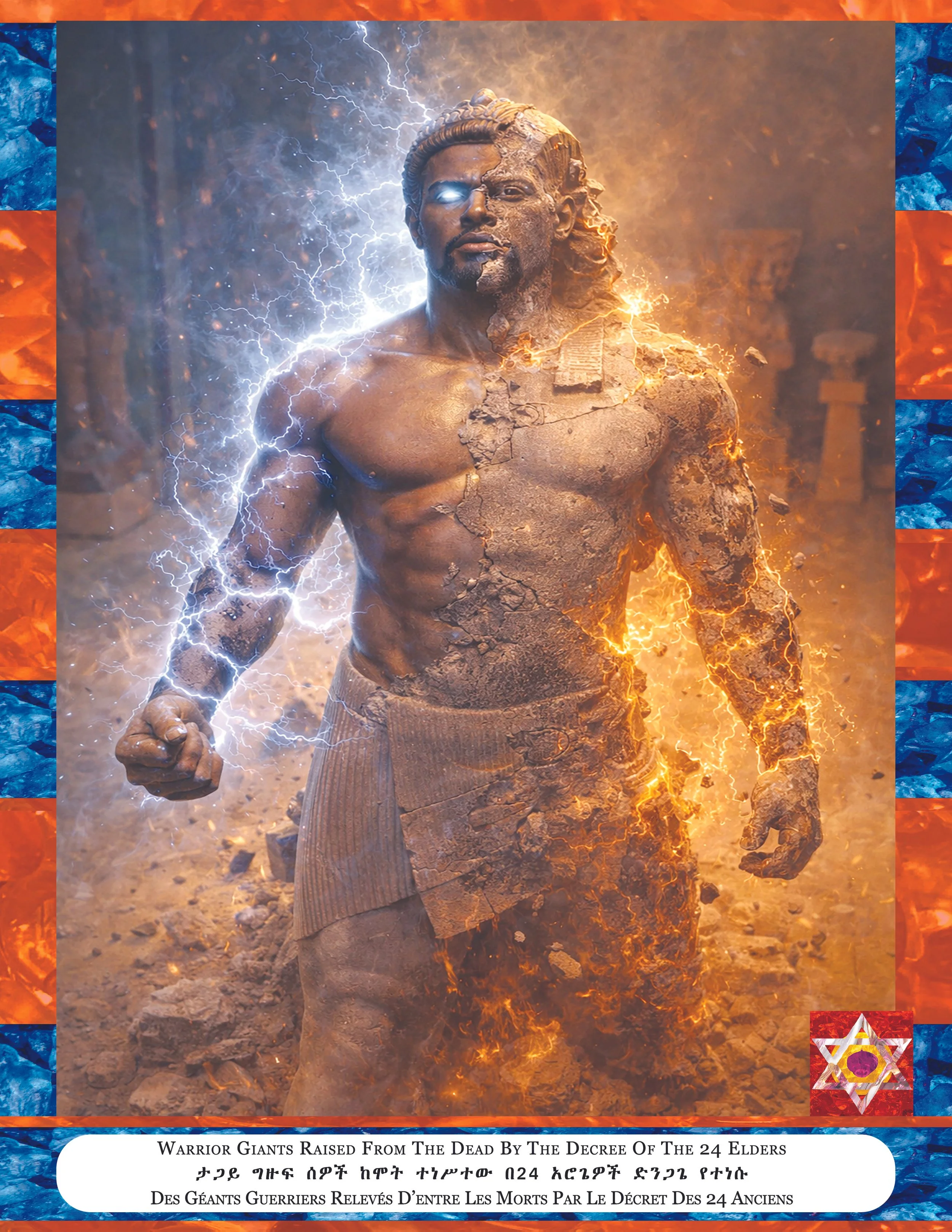 Digital artwork depicting a muscular, half-destroyed warrior statue with lightning and fiery effects, with a background resembling an ancient ruins setting, and a decorative border with a red triangle and star pattern.