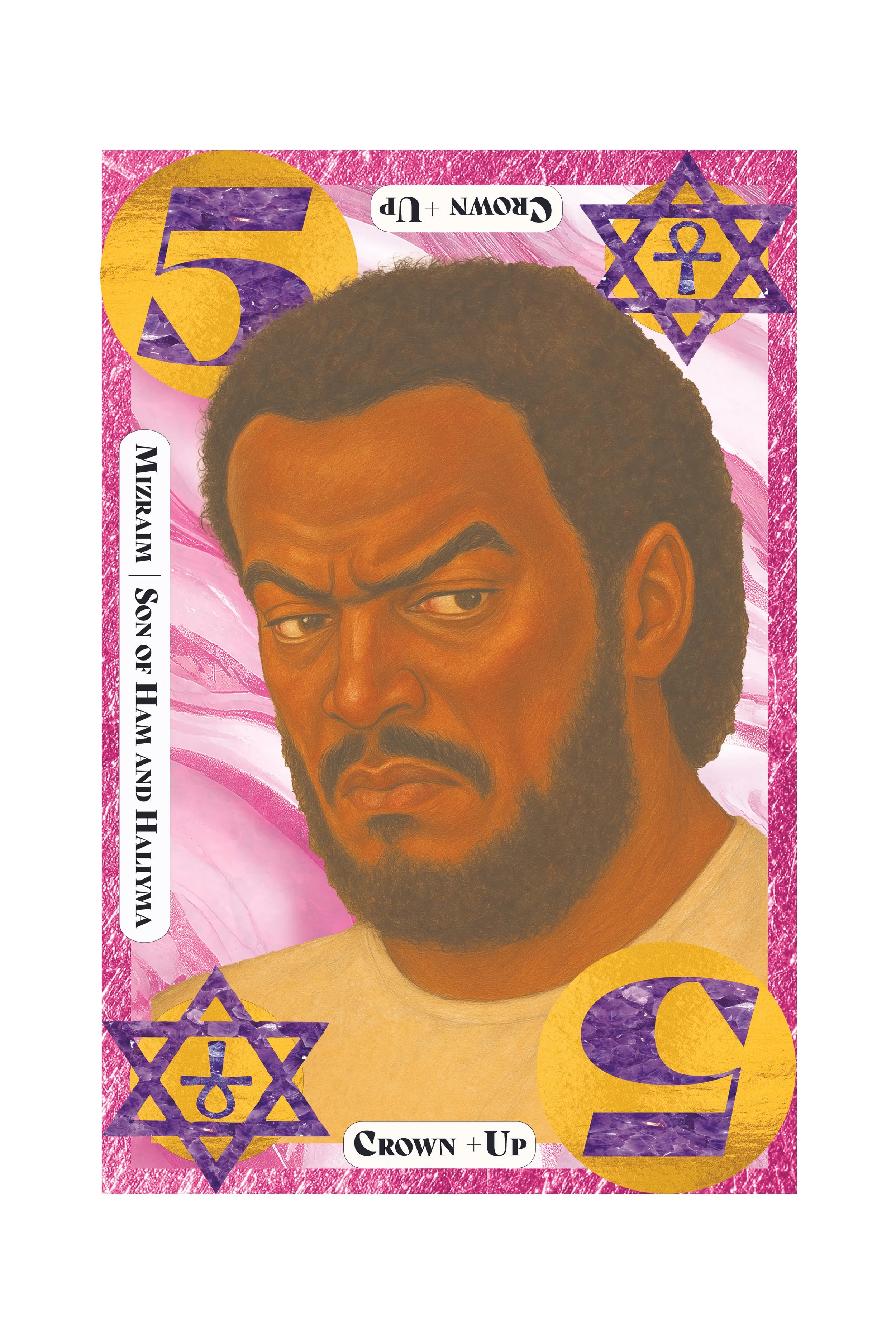 Front side of a collectible trading card featuring a portrait of a man with a serious expression, text indicating a '5' rating, and decorative elements including purple and gold symbols and a pink glittery border.