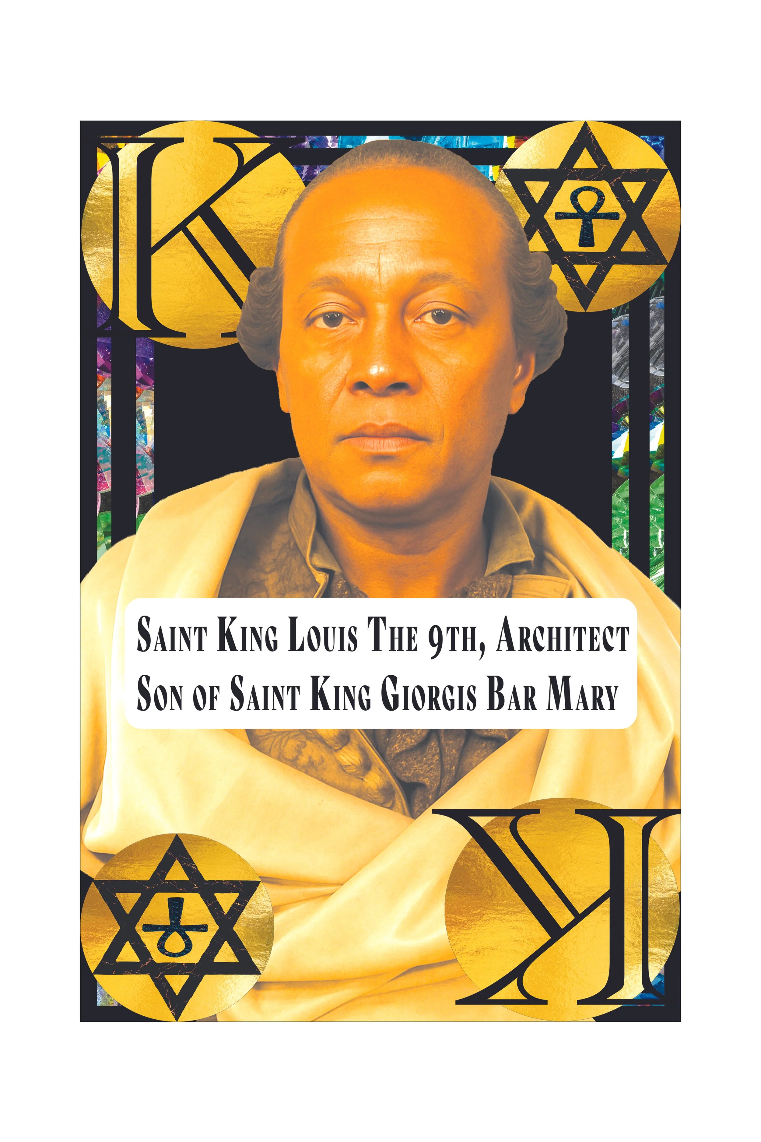 A person with short hair, dressed in a tan coat and patterned scarf, seated in front of a background with black, gold, and star of David symbols, and a white box with black text reading 'Saint King Louis the 9th, Architect Son of Saint King Gorgis Ba