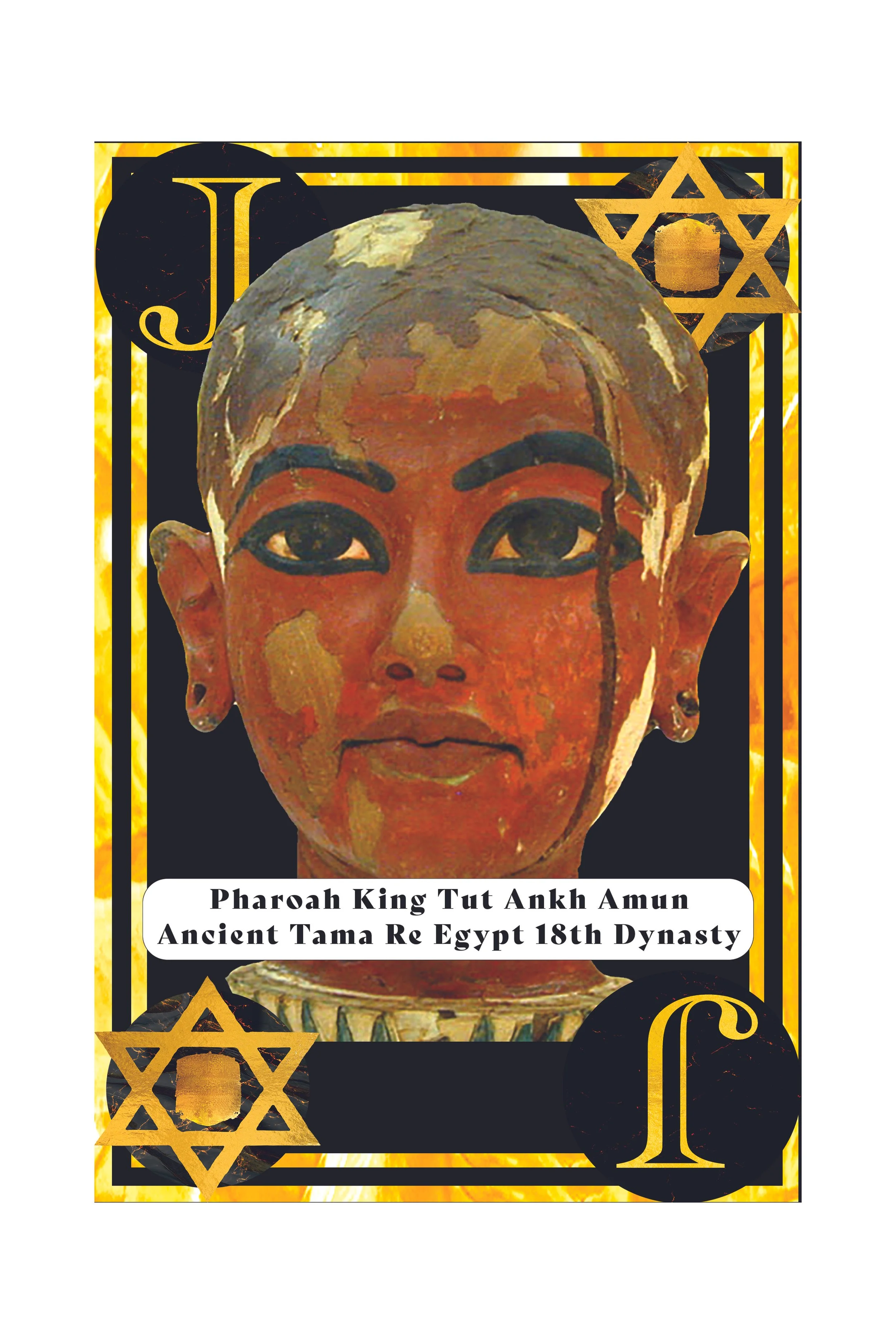 A stylized illustration of an ancient Egyptian bust of Pharaoh King Tutankhamun, surrounded by Egyptian motifs and symbols, with text describing him as an 18th Dynasty ruler.
