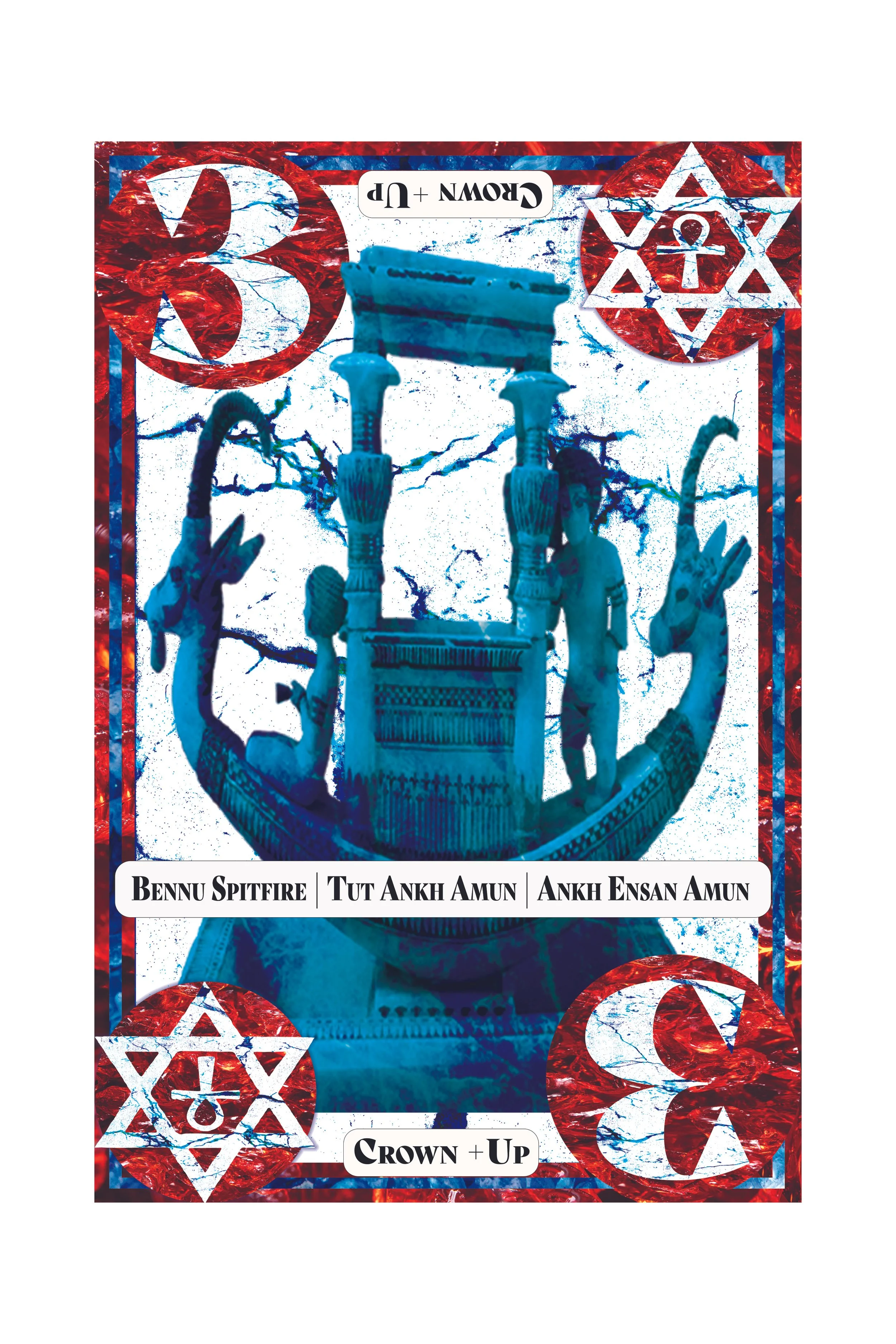 A tarot card with historical and religious symbolism, featuring a blue statue of a figure holding a rectangular object, framed by red, white, and blue elements with symbols of a star and crescent moon, and text in English and Turkish.