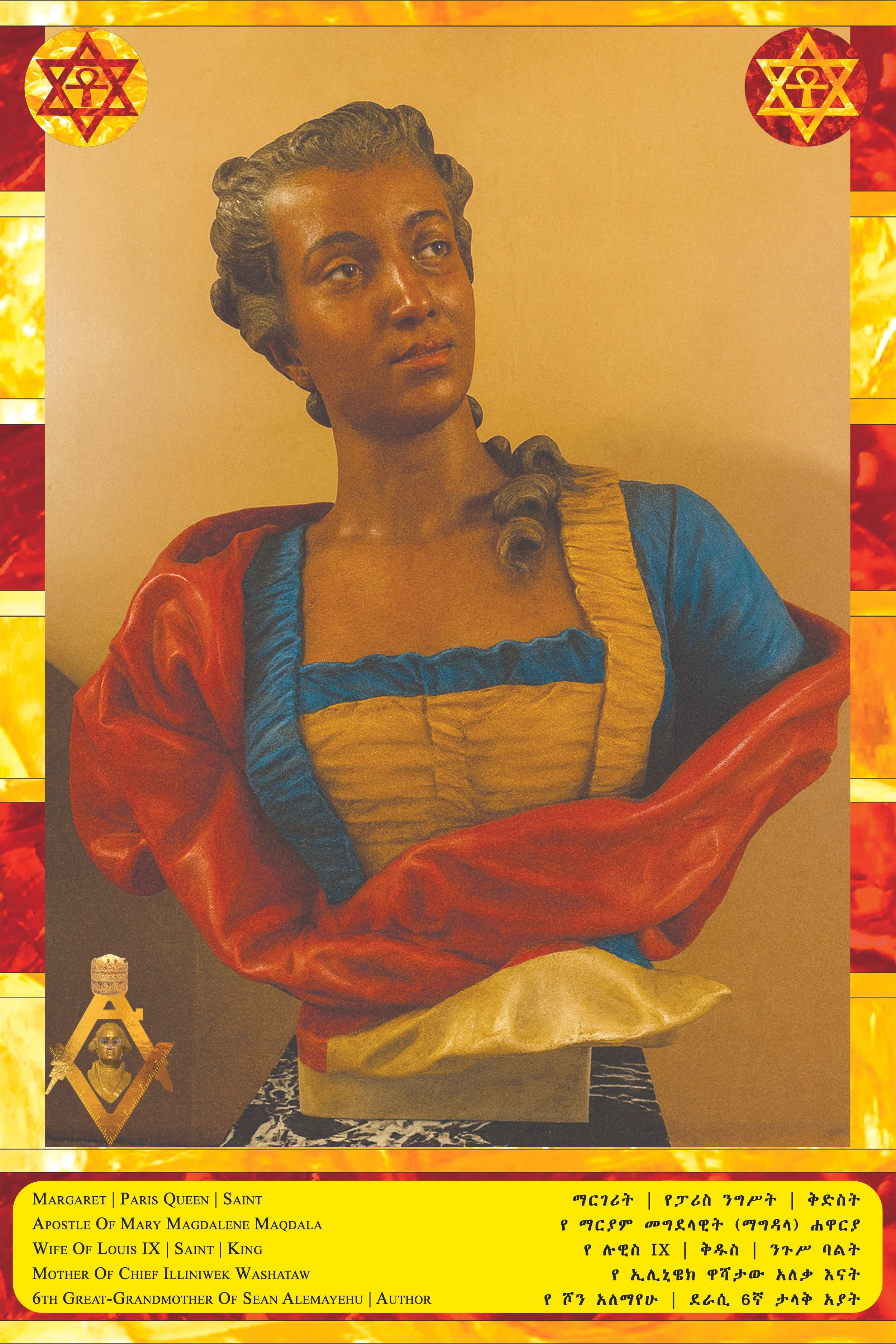 A statue of Saint Margaret, also known as Paris Queen and Apostle of Mary Magdalene, woman of Louis IX, mother of Chief Illiniwek Washataw, and great-grandmother of Sean Alemayehu, depicted wearing a colorful dress with a red and blue top and a yello
