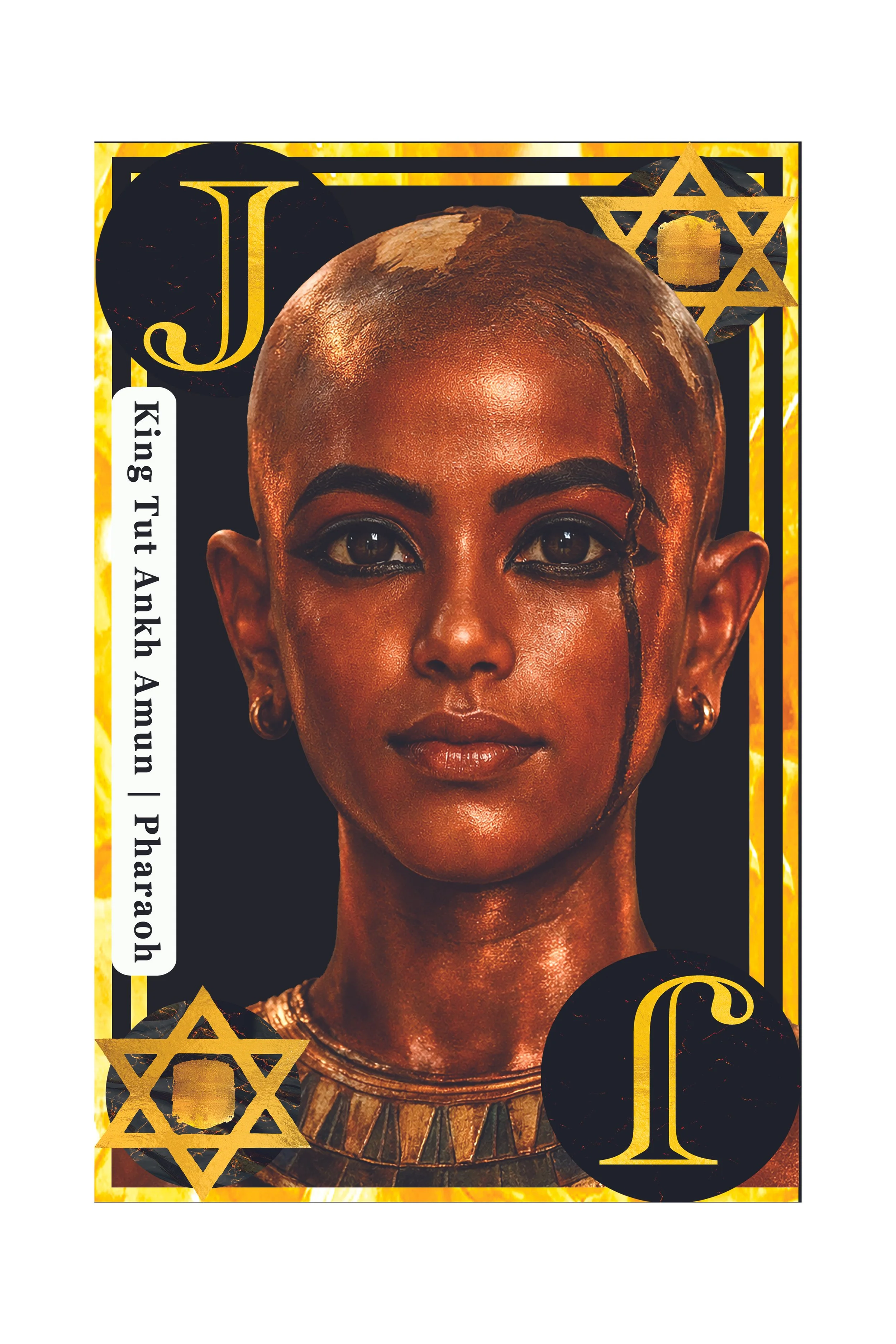 A stylized image of a woman with short hair, bold makeup, and jewelry, resembling currency or a playing card design with decorative gold and black elements.