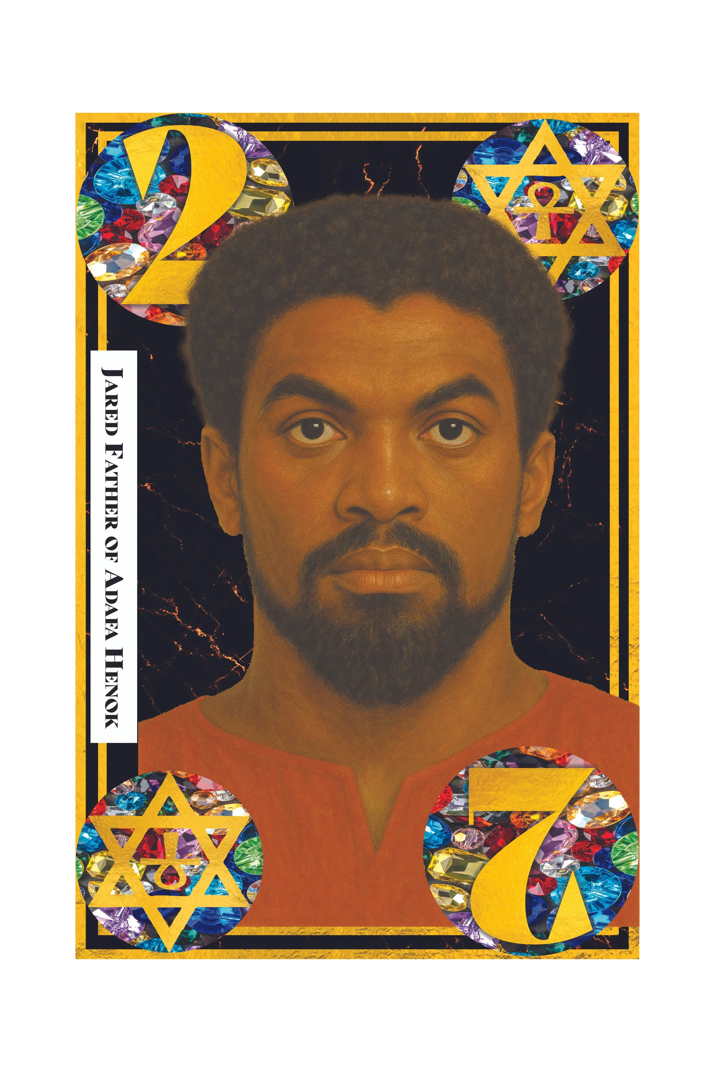 A tarot card featuring a portrait of a man with dark curly hair, a mustache, and beard, with decorative elements including colorful gemstone patterns and fortune symbols, and the number 2023.