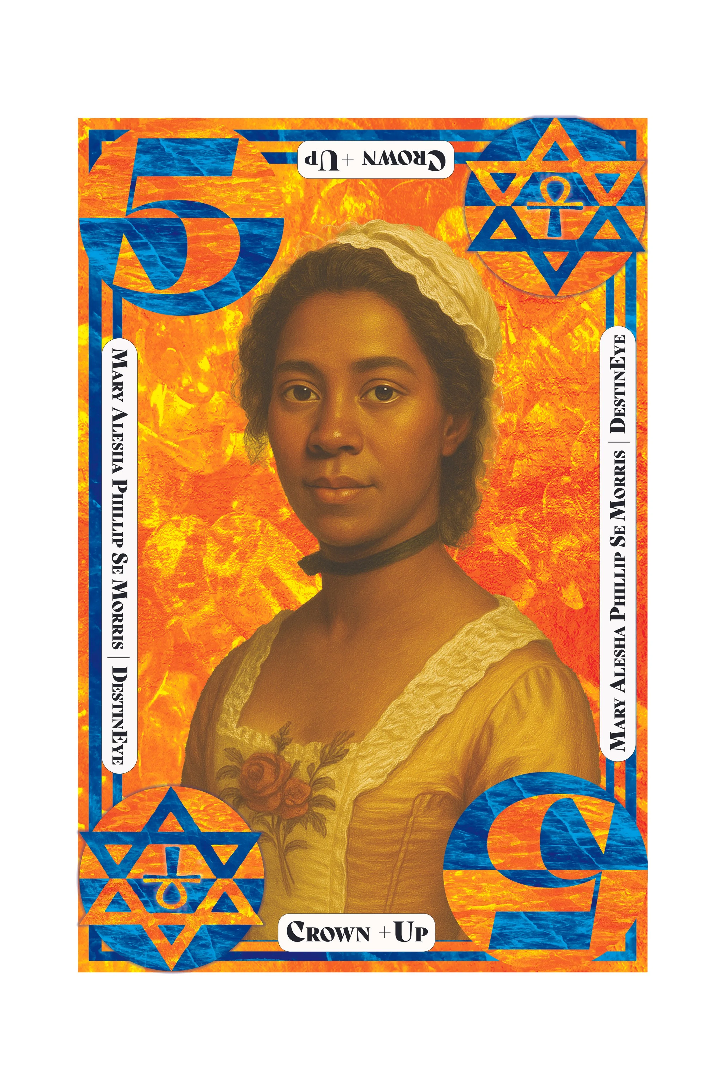 A woman in a vintage style dress with floral embroidery, holding a bouquet of roses, with a textured orange and yellow background and geometric star patterns featuring the Star of David.