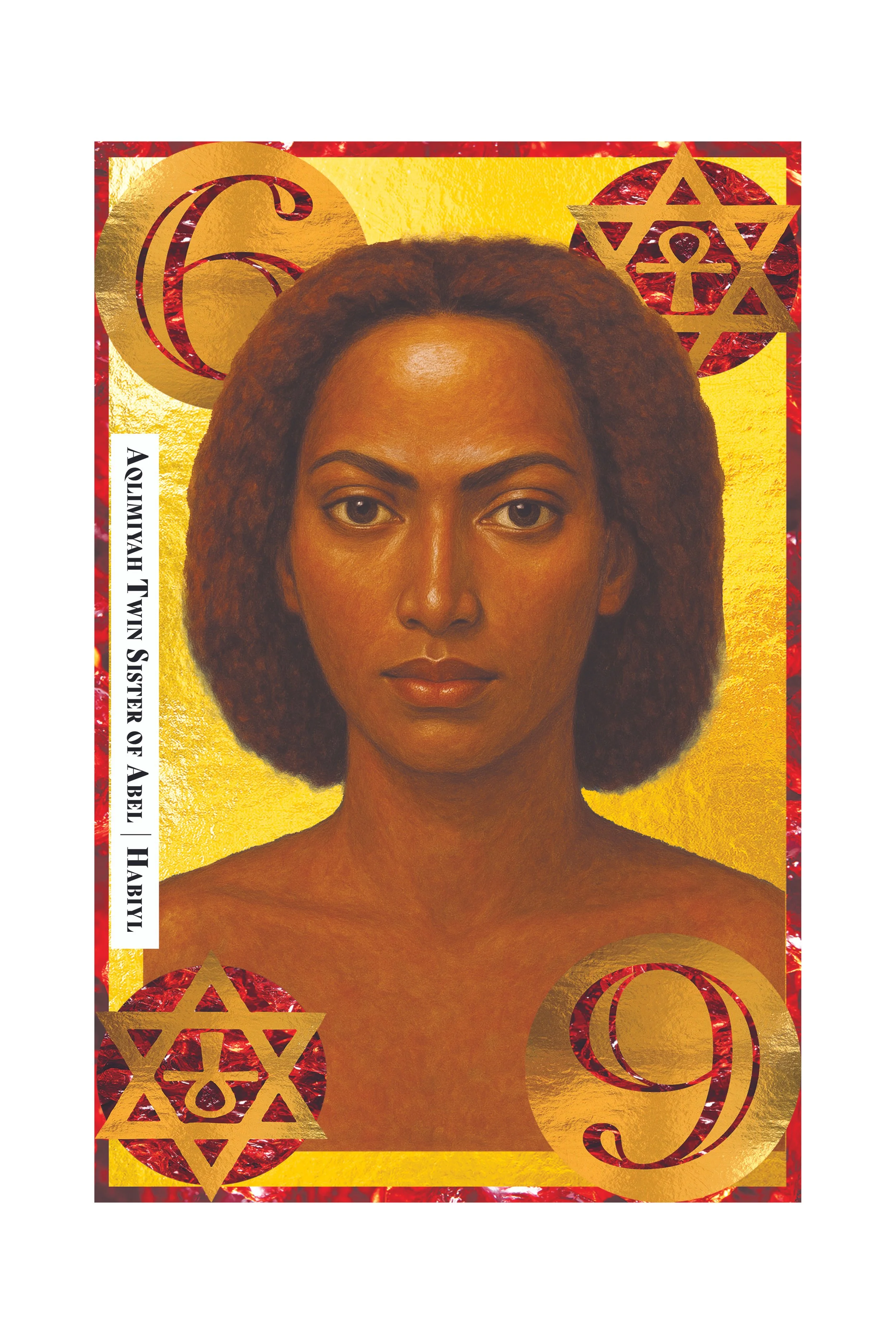 A woman with dark skin and natural curly hair on a gold background decorated with red and gold symbols related to African heritage and culture.