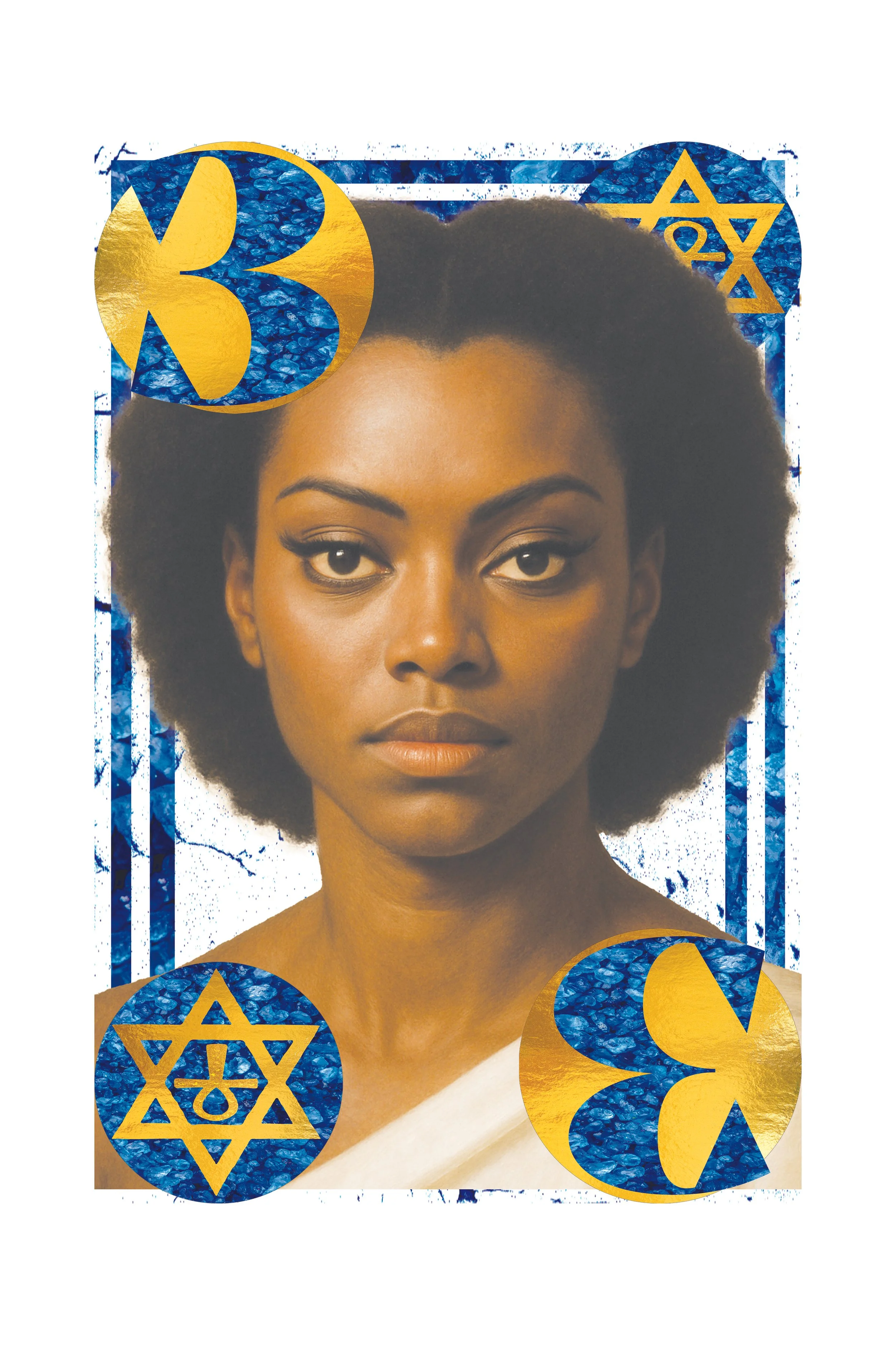 A woman with dark skin and natural hair, surrounded by graphic symbols representing Hanukkah, including a Star of David, a menorah, and a crescent moon, with blue and gold color scheme.