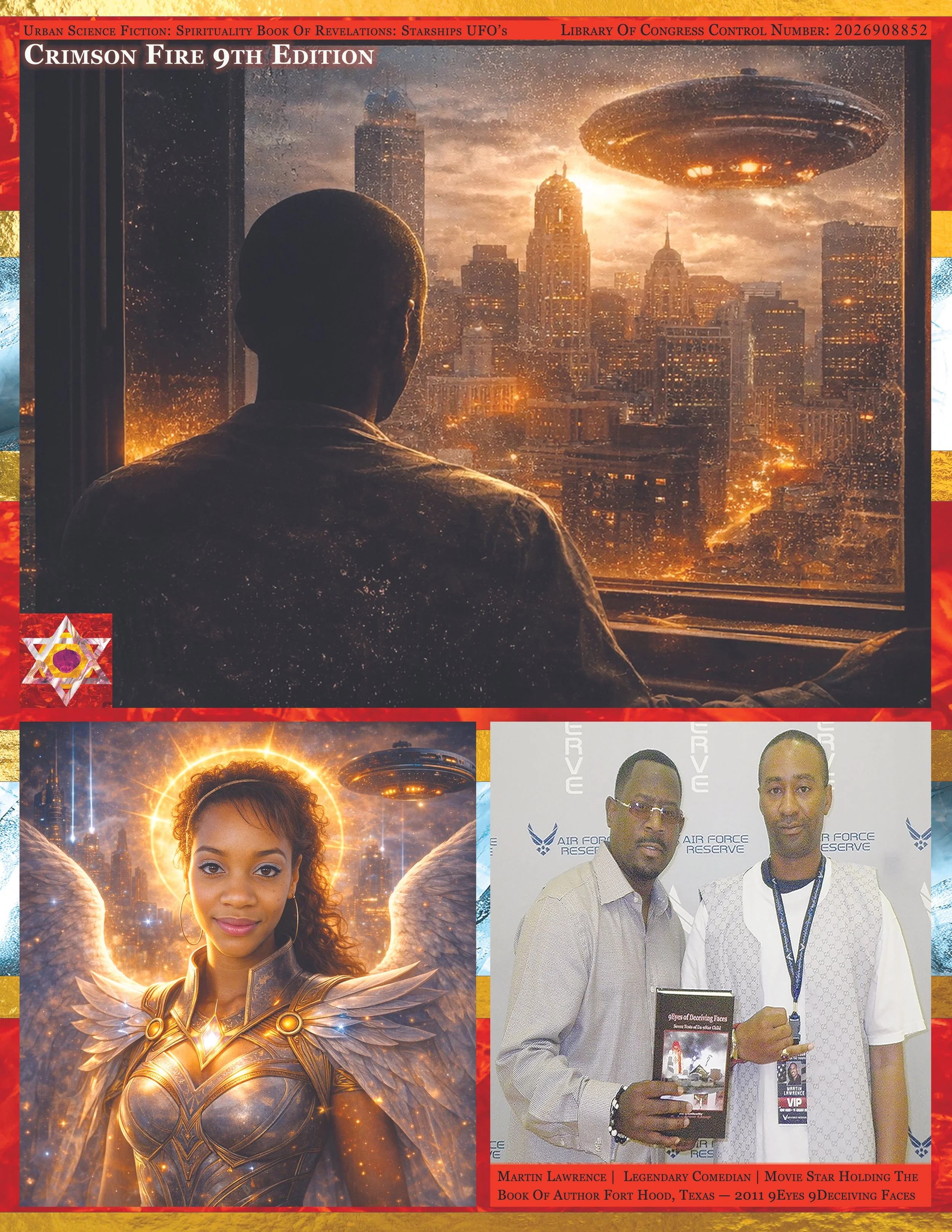 Book cover titled 'Crimson Fire 9th Edition' with a cityscape background showing tall buildings and a flying saucer. A person with a bald head is looking out a window at the scene.