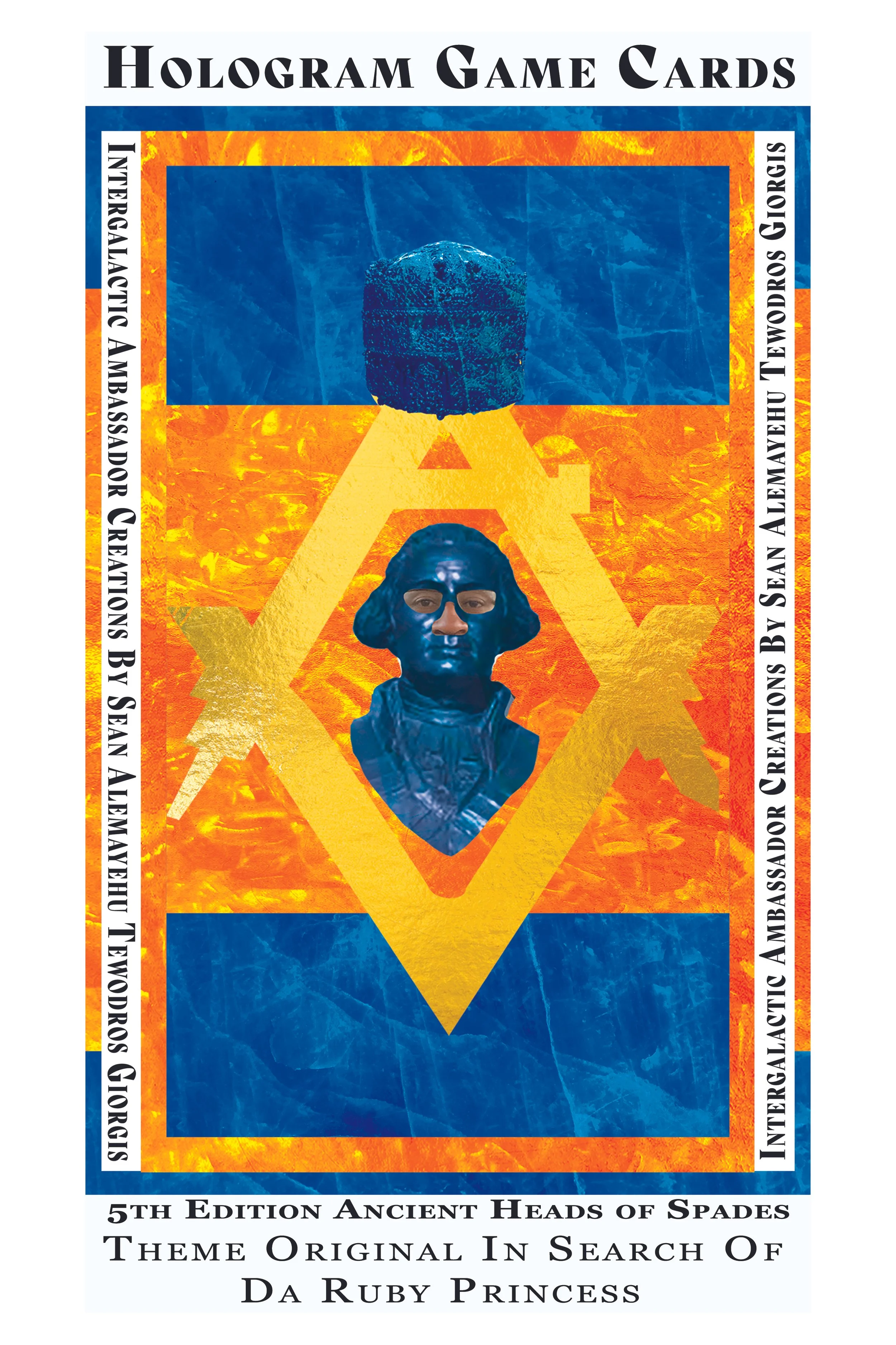 Cover of a book titled 'Hologram Game Cards' with a blue and gold background. The cover features a bust of a historical figure with an ornate hairstyle beneath a yellow diamond shape. The book is the 5th edition, called 'Ancient Heads of Spades,' and is themed around the original search of Da Ruby Princess.