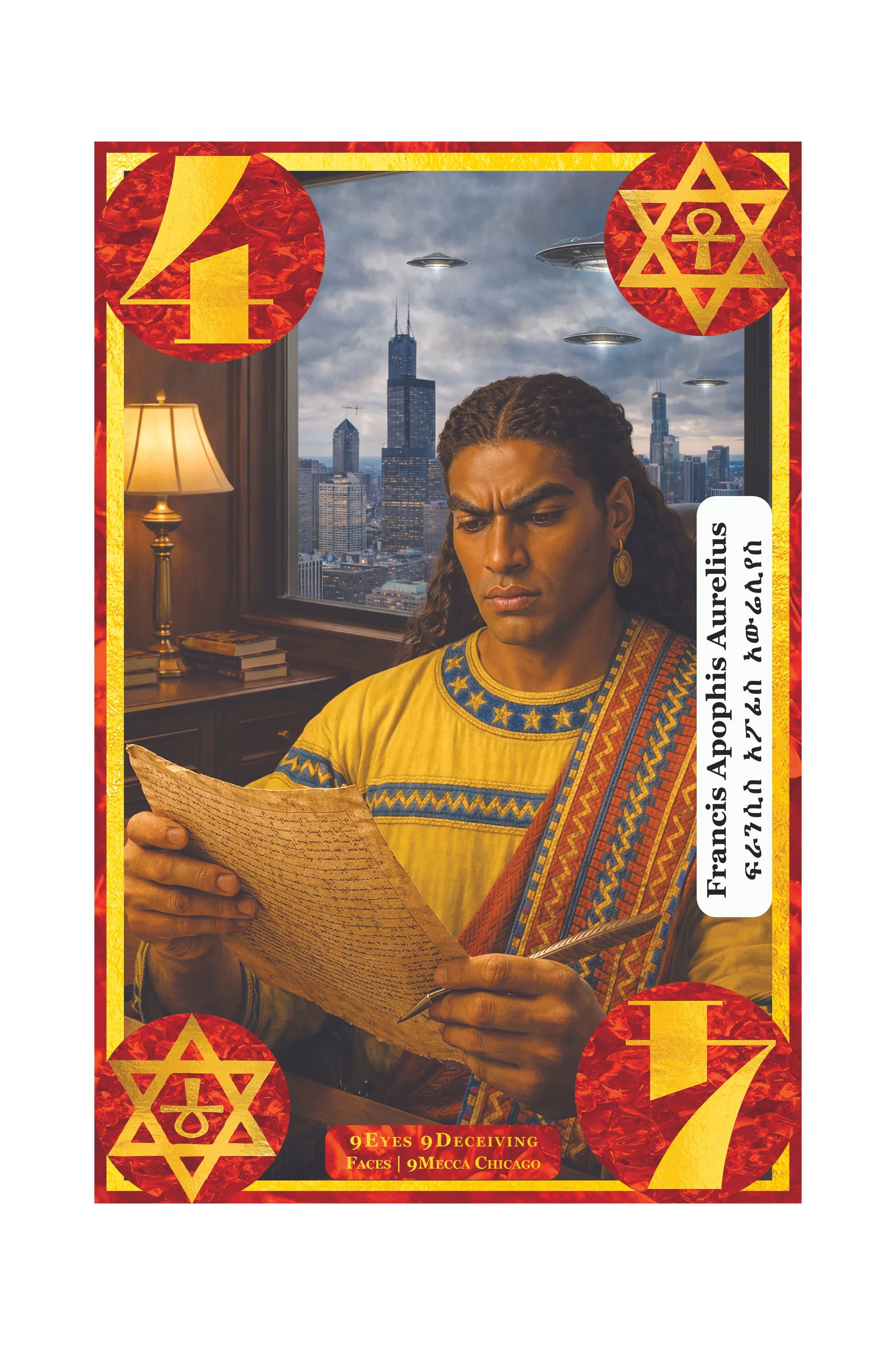 A tarot card featuring a person reading a scroll with a cosmic cityscape view in the background, UFOs in the sky, and red, gold, and yellow designs with numbers 4 and 7, along with symbols and the text "9 Eyes 9 Deceiving Faces | 9 Mecca Chicago".