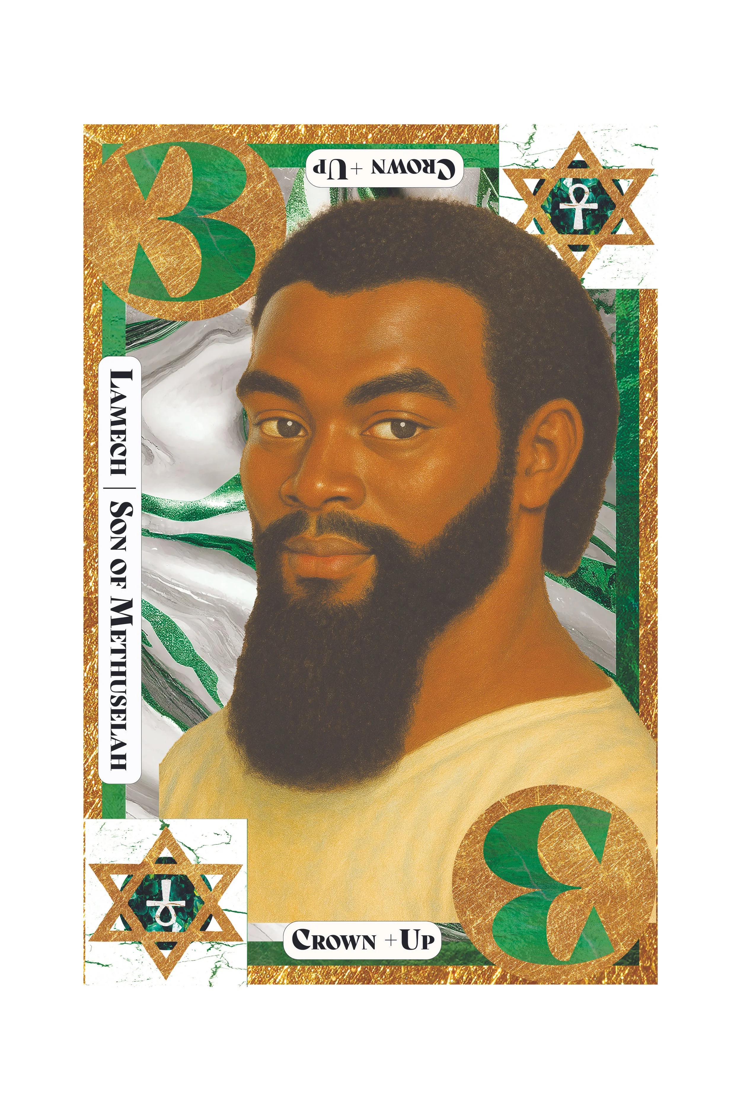 A stylized illustration of a man with dark skin, short curly hair and a beard, with designs and text related to cannabis and hemp. The background features green and white marble-like patterns. The image has a gold border with cannabis leaf patterns, 