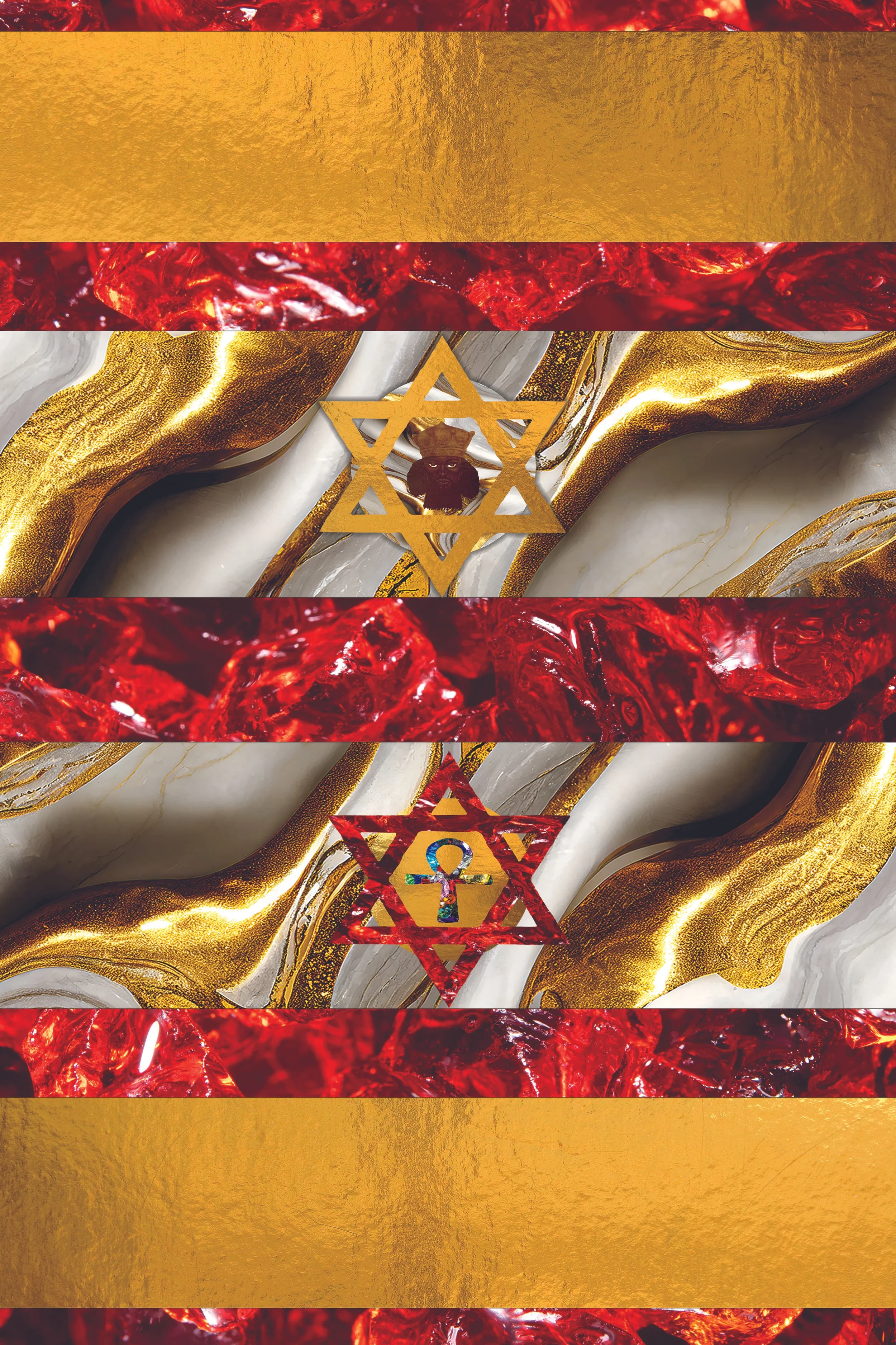Decorative flag featuring red, gold, white, and marble textures with overlapping Star of David symbols and images of a bearded man in a crown emerging from the center symbol.