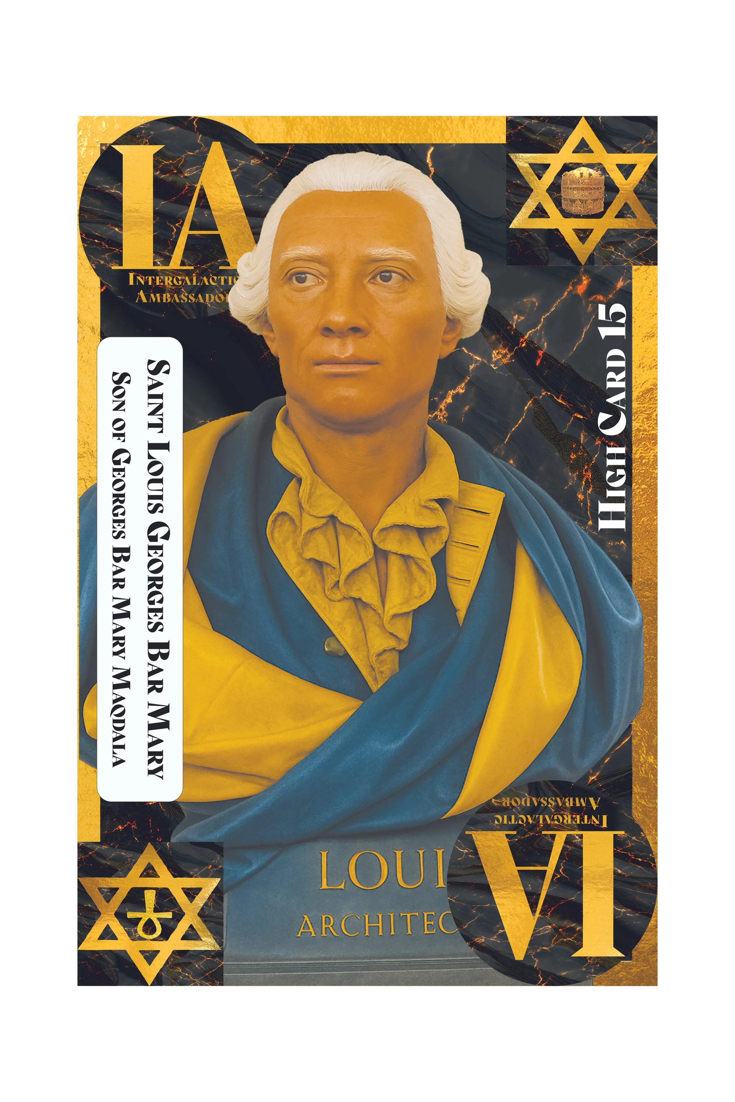 A collage featuring a portrait of a man with white hair, dark clothing, and looking slightly to the right. The background has black marble with gold veining, and there are gold geometric and star designs. Text includes 'LA Intergalactic Ambassador,' 