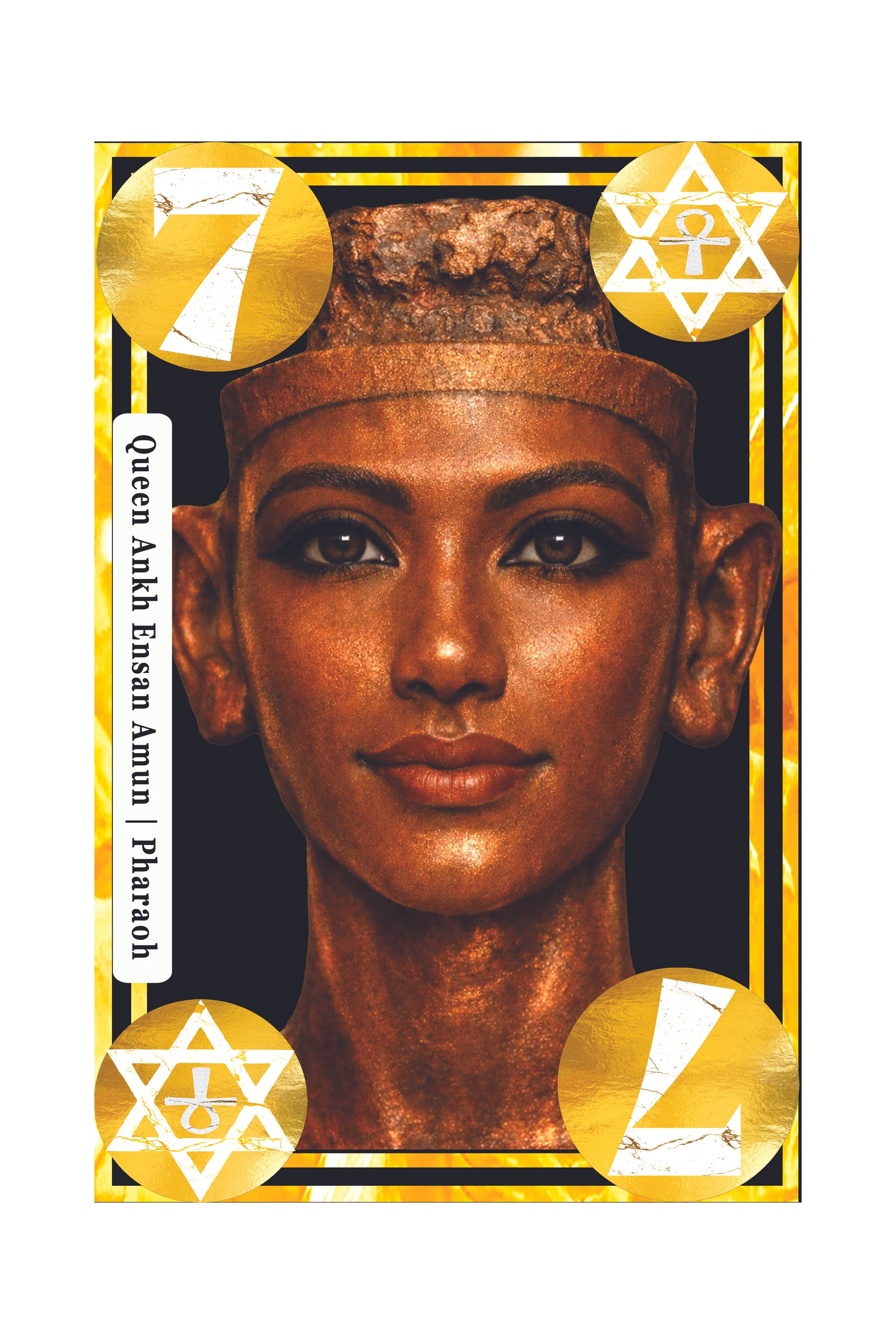 A stylized depiction of Queen Akah Ensam Amum, showcasing her face with a crown, surrounded by gold and black decorative elements and symbols.