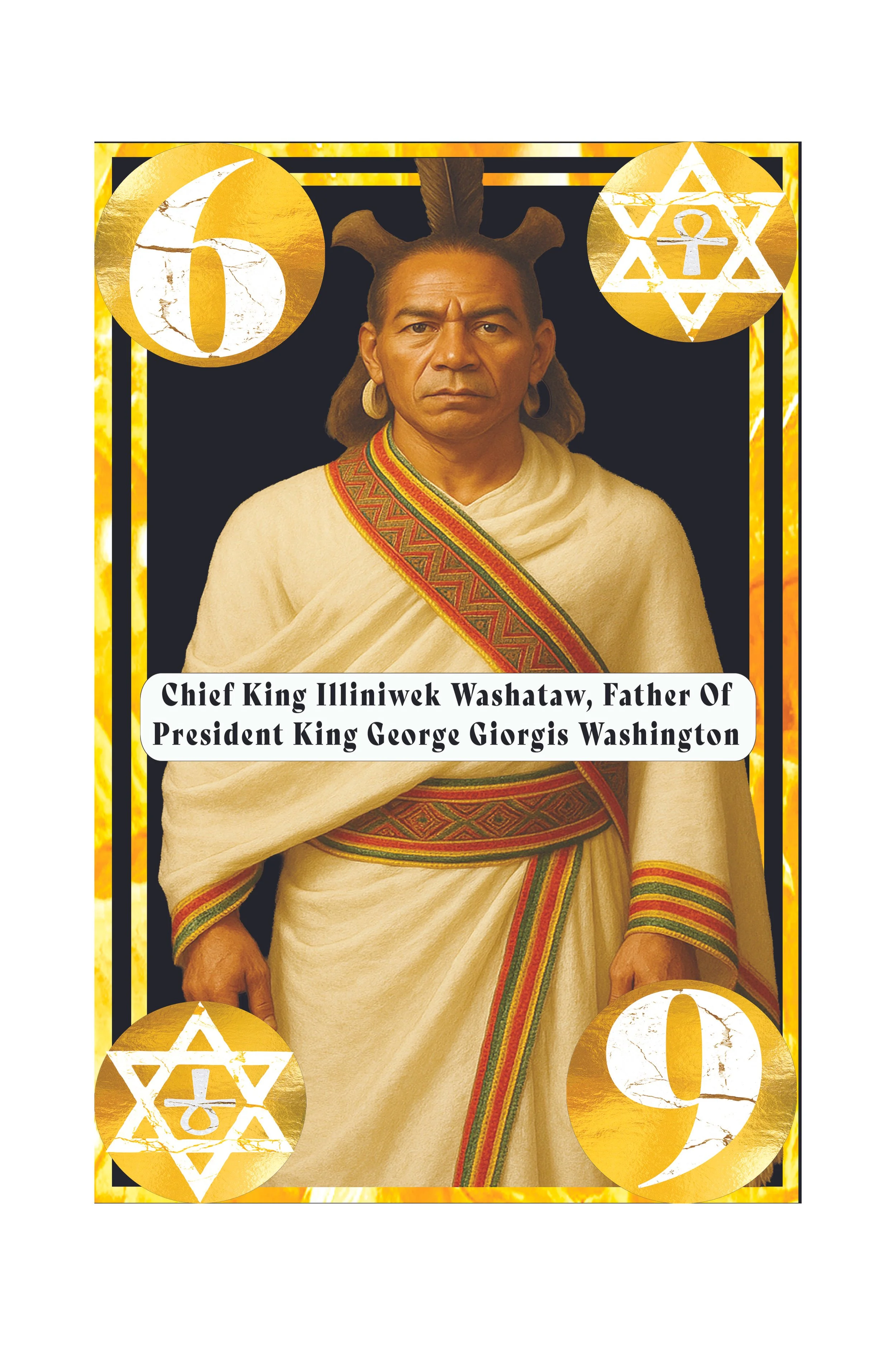 Portrait of Chief King Illiniwek Washataw wearing traditional Native American attire with decorative patterns, surrounded by gold circles and symbols, with a caption identifying him as the father of President George Gorgis Washington.