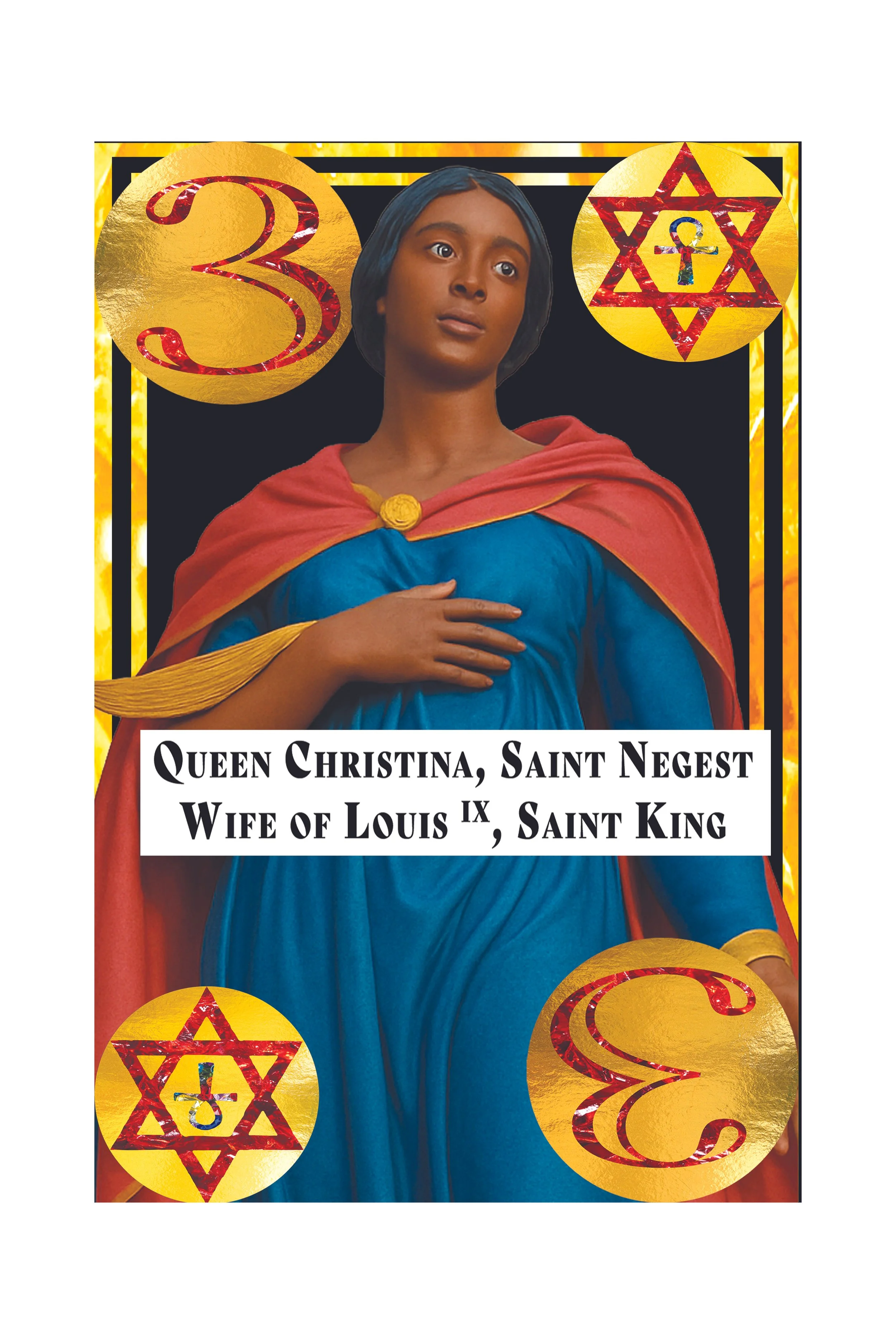 A depiction of Queen Christina, Saint Negest, with a dark background. She is wearing a blue dress and a red cape with yellow accents, her hand resting on her chest. Surrounding her are gold circles with red patterns, including the number 3 and styliz