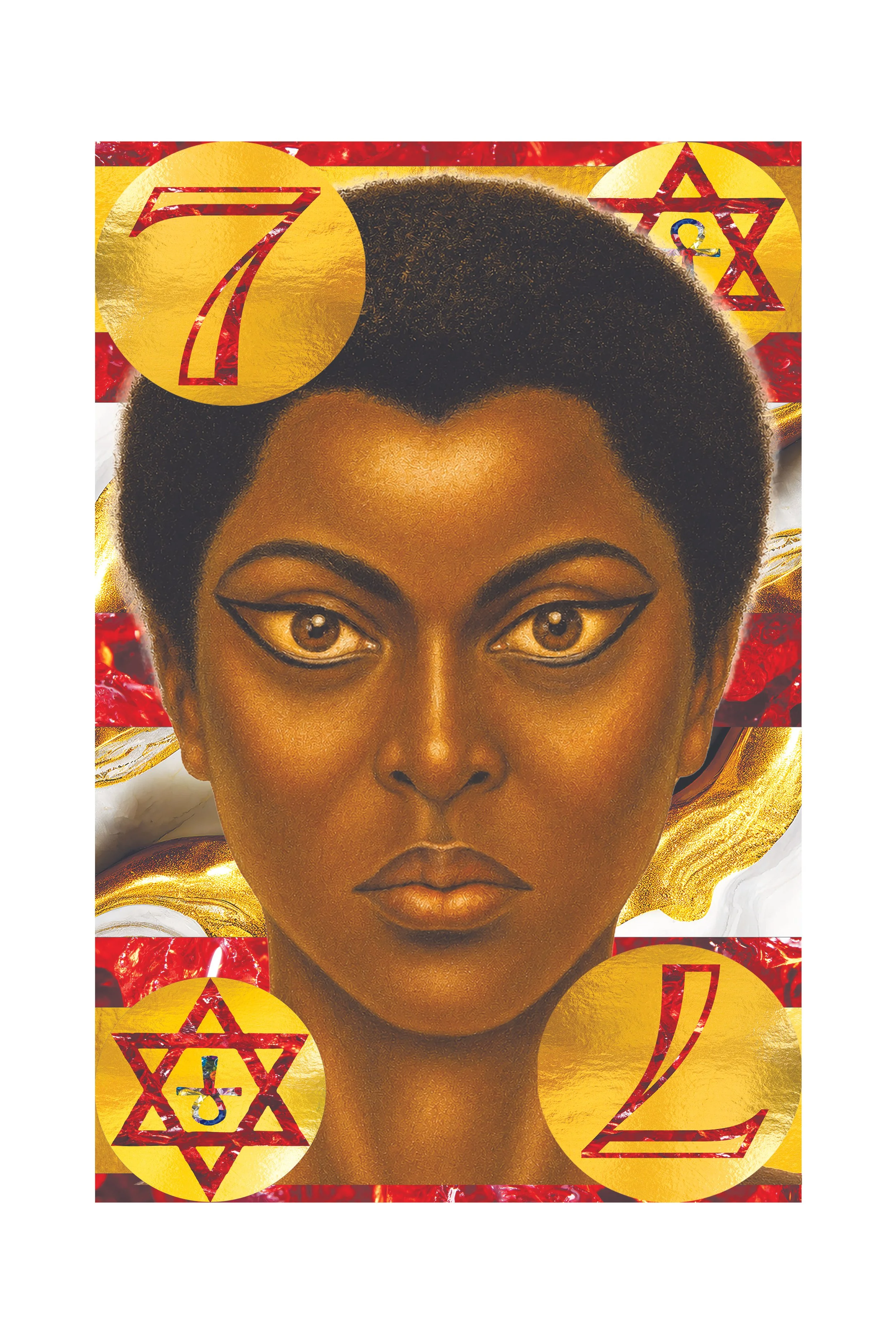 Close-up of woman with short curly hair and dramatic makeup, with tarot-inspired background featuring gold, red, and black elements, including the numbers 7 and 2 and star symbols.