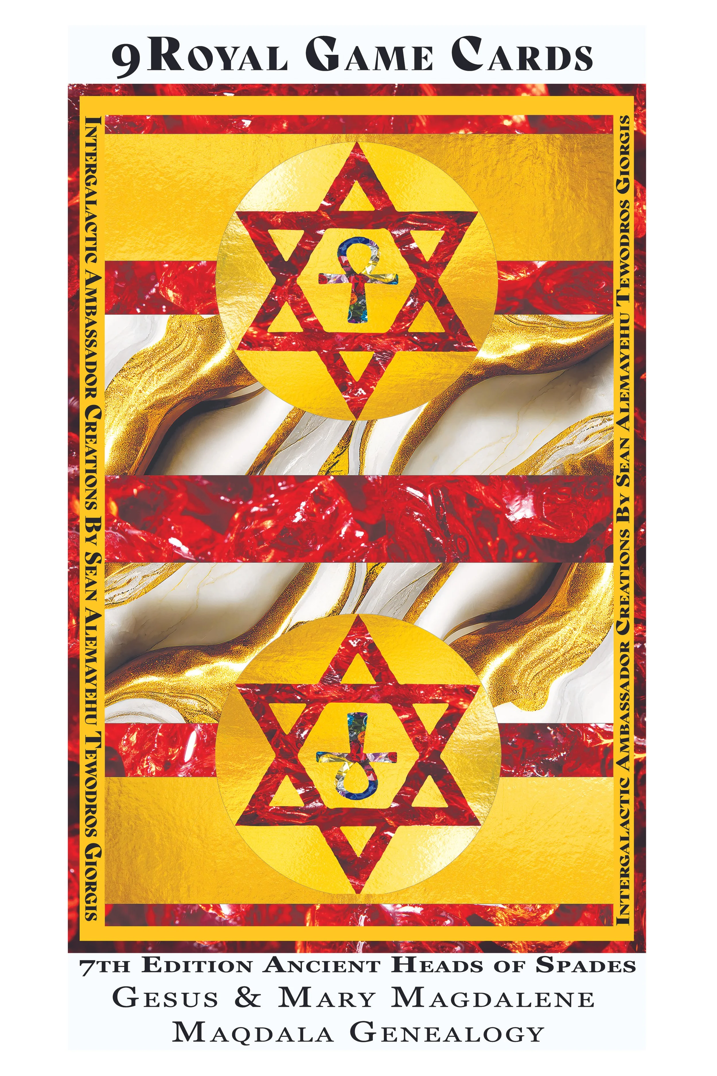 Cover of a book titled '9 Royal Game Cards', featuring a collage of red, gold, and white swirls, with a central symbol of a Star of David enclosing a stylized anchor. The book is the '7th Edition Ancient Heads of Spades' by Sean Alexander, focusing on biblical genealogies of Jesus and Mary Magdalene.