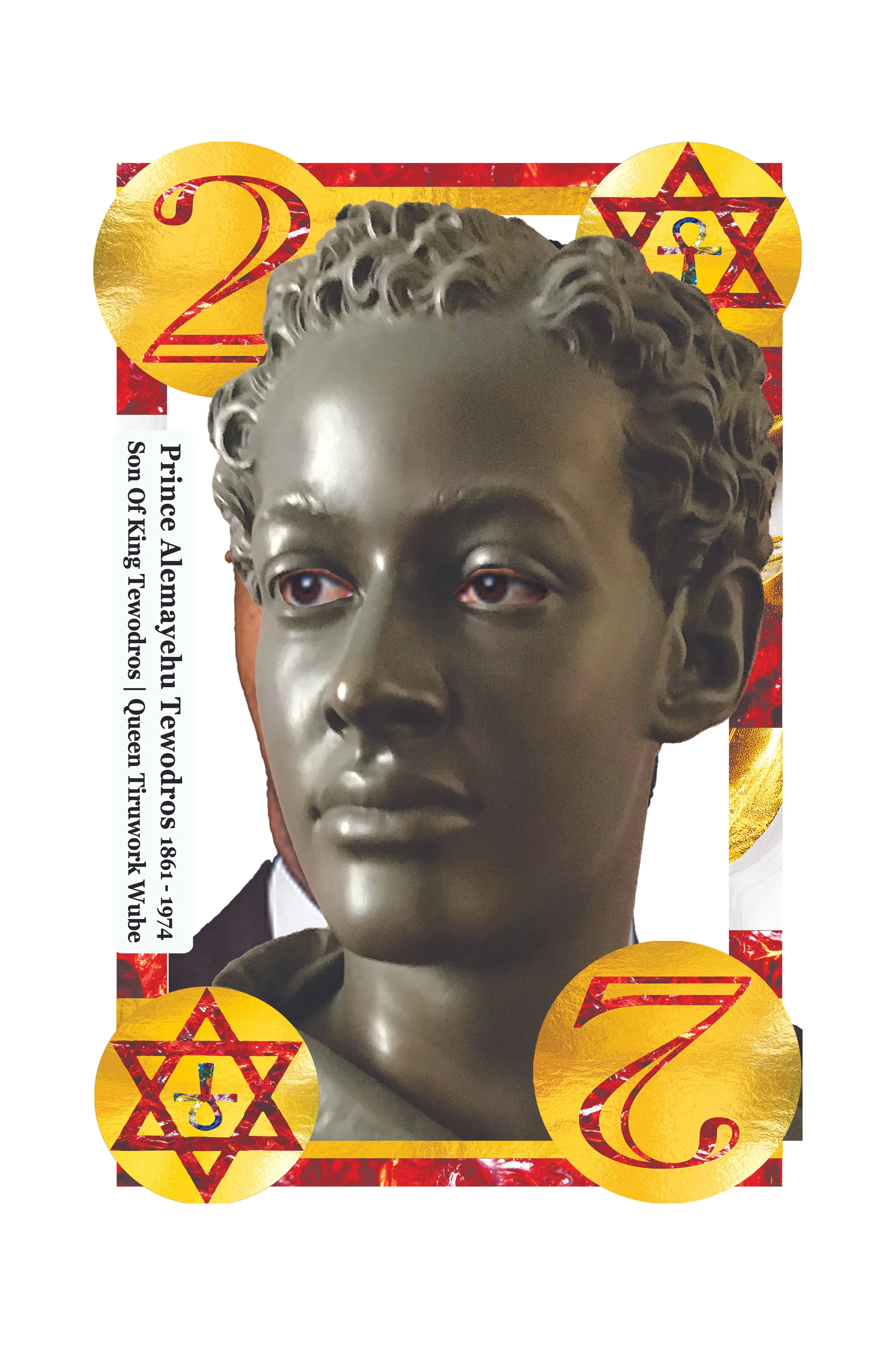 A digital collage featuring a bronze bust of a young prince, with a newspaper clipping beside it. The collage is decorated with gold and red symbols, including the number 2 and a Star of David with an ankh inside, set against a vibrant, patterned bac