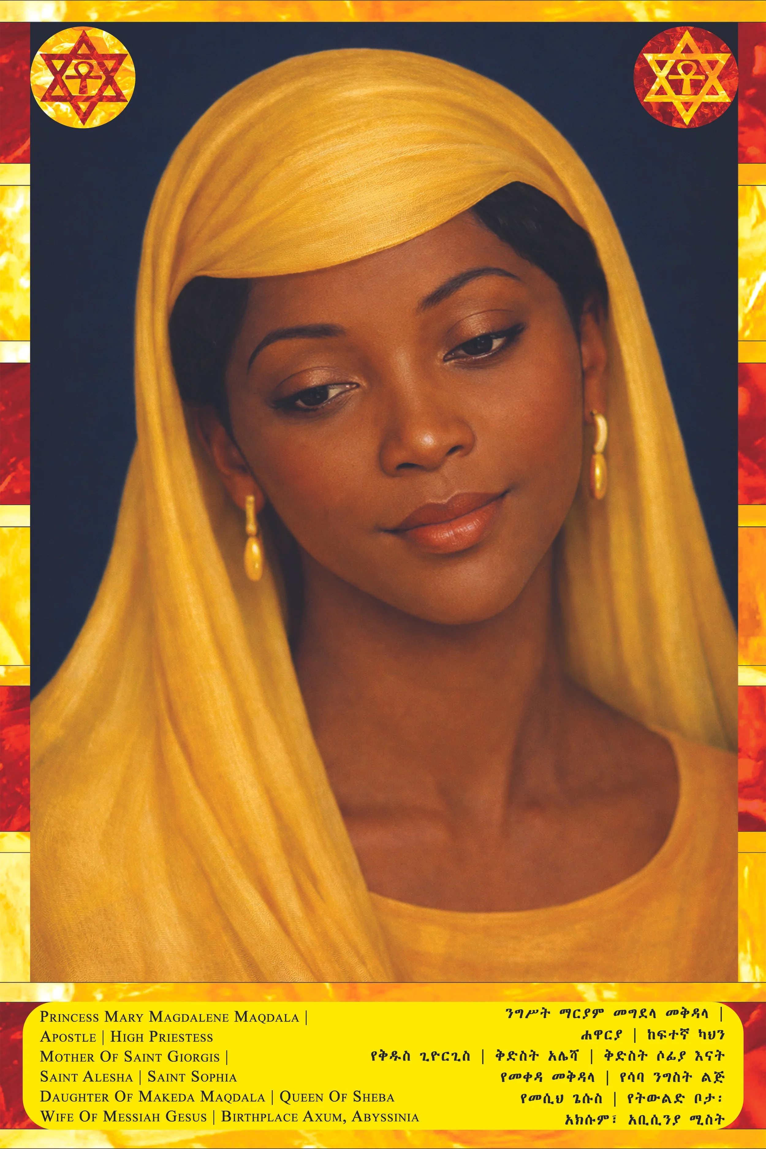 Portrait of Princess Mary Magdalene Maqdala wearing a yellow headscarf and earrings, along with textual information about her titles and family