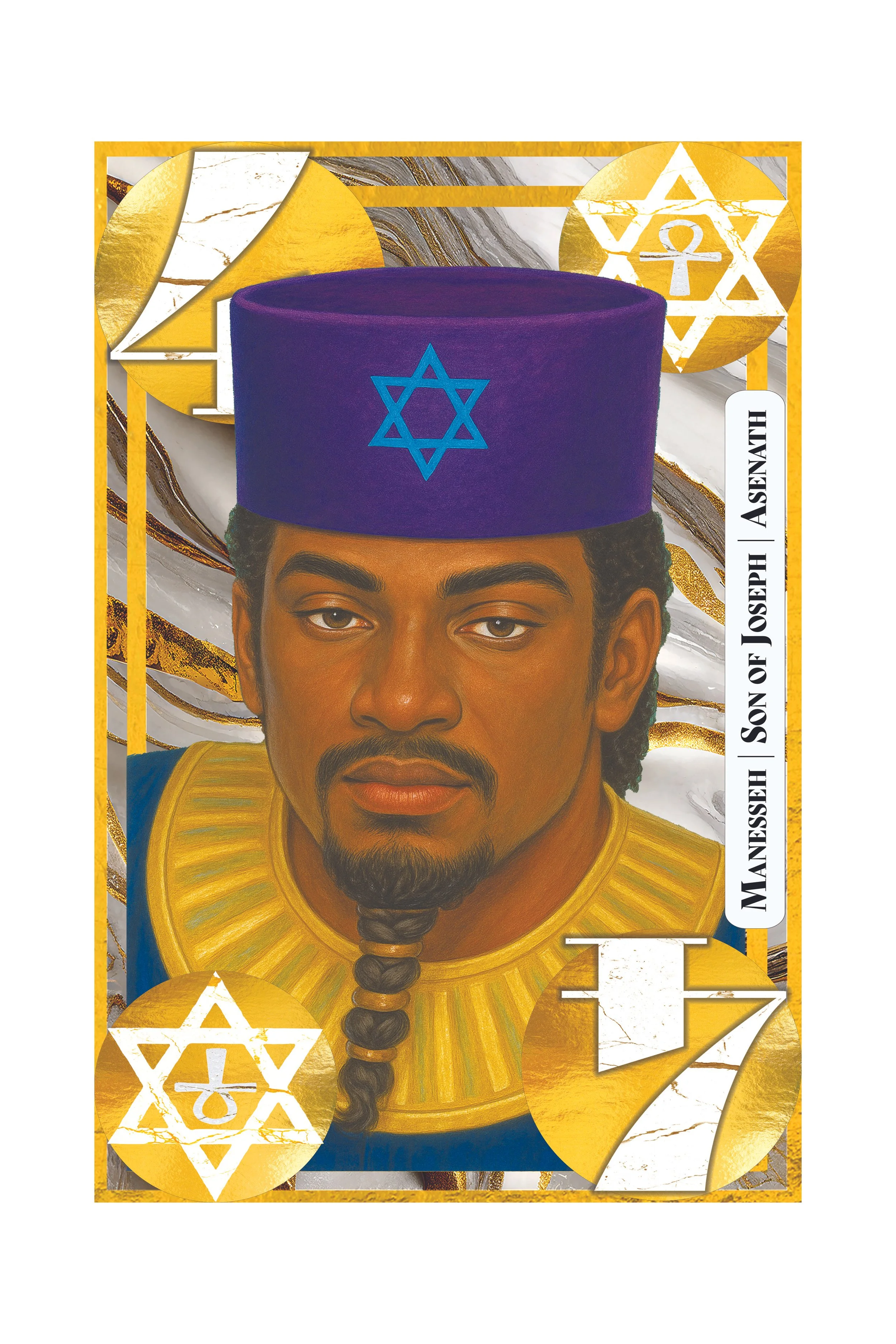 Portrait of a man with dark skin, a goatee, and braided hair, wearing a blue and gold outfit with a large gold collar and a blue hat with a Star of David symbol.