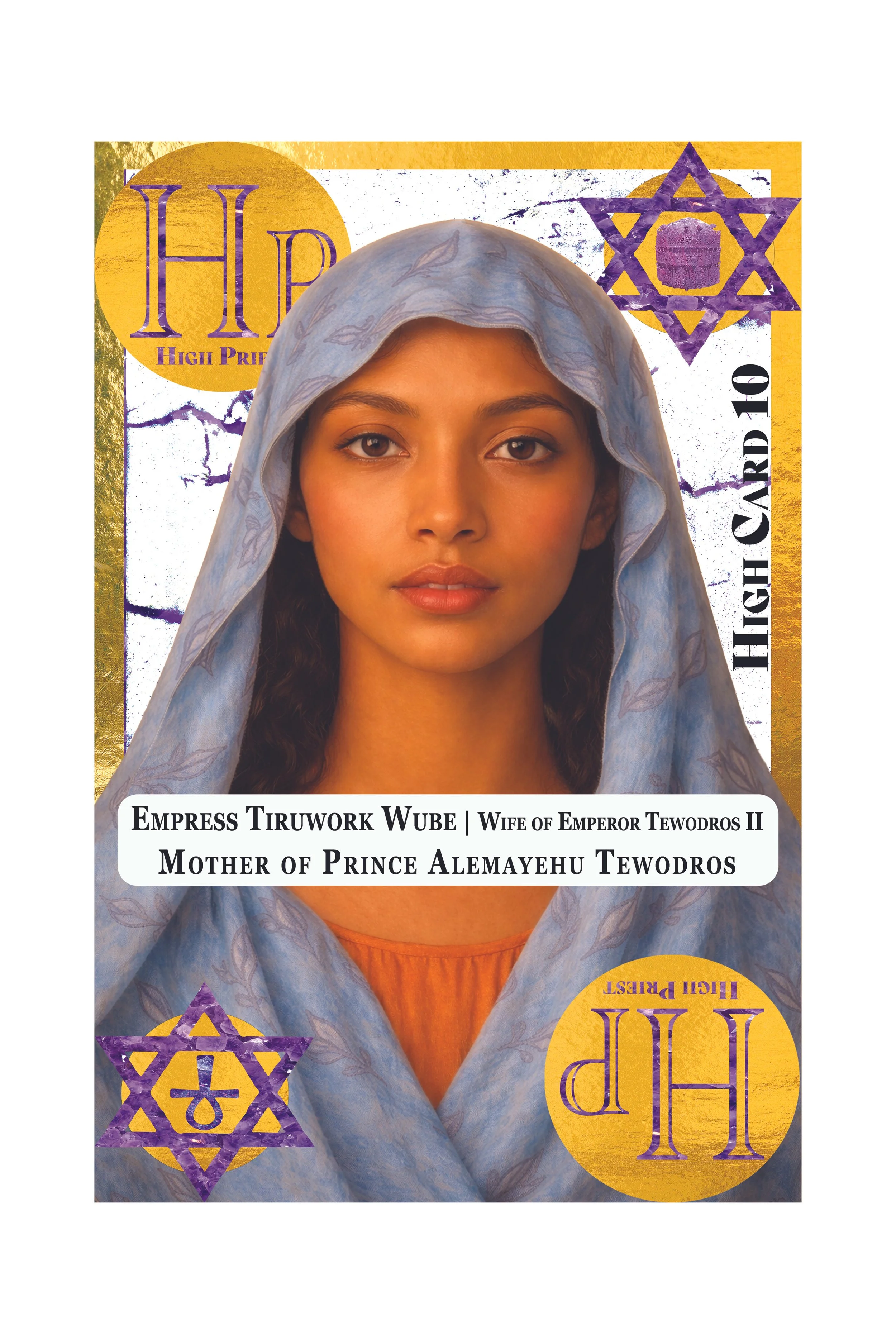 A portrait of a young woman wearing a light blue veil, with decorative text and symbols related to high priest and empress roles from ancient Egypt and Judaism.