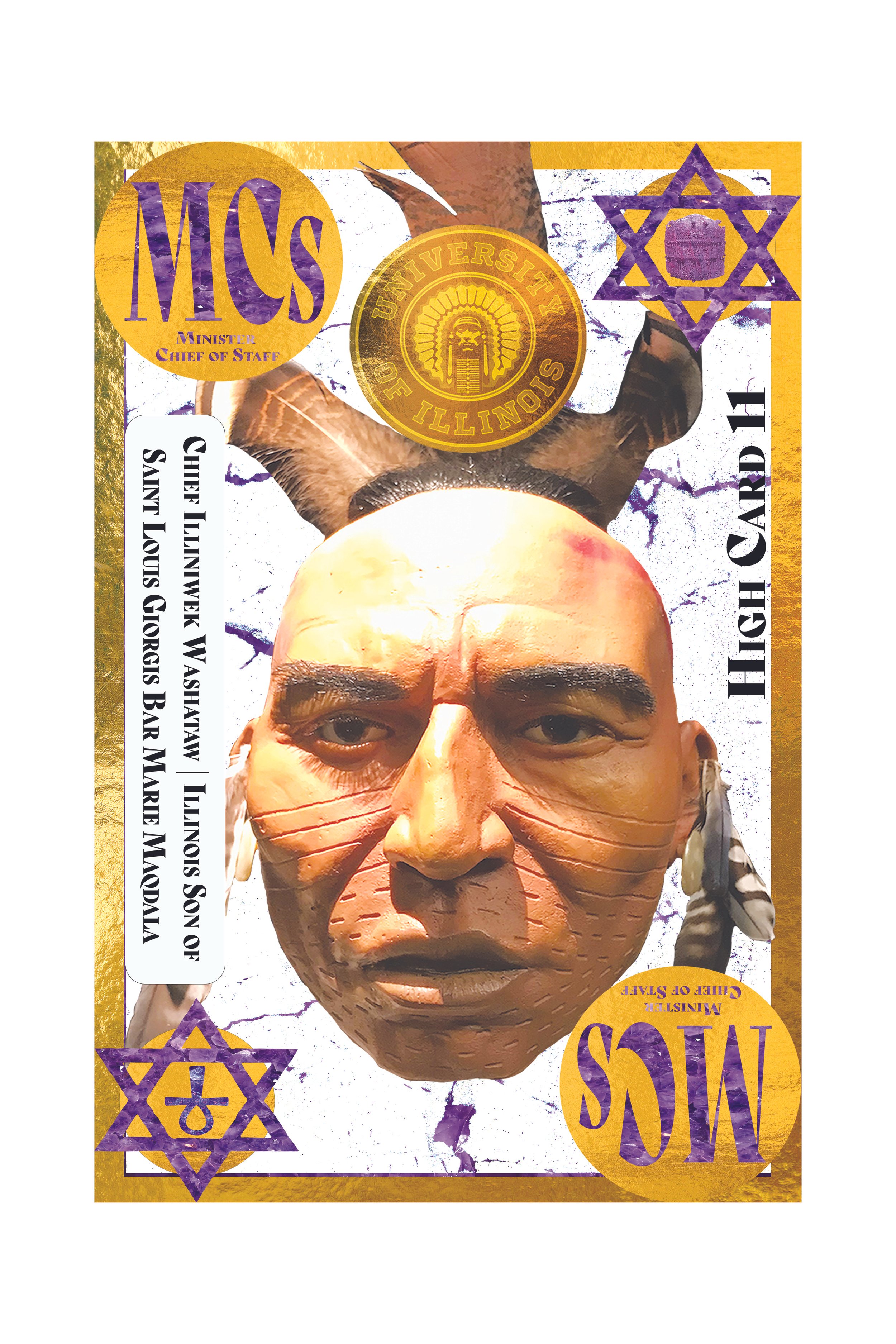 Design resembling a currency note with a large face of a Cahuilla woman, featuring traditional earrings and an ornate face tattoo. The design includes purple and yellow decorative elements, stars, and text referencing the University of California and
