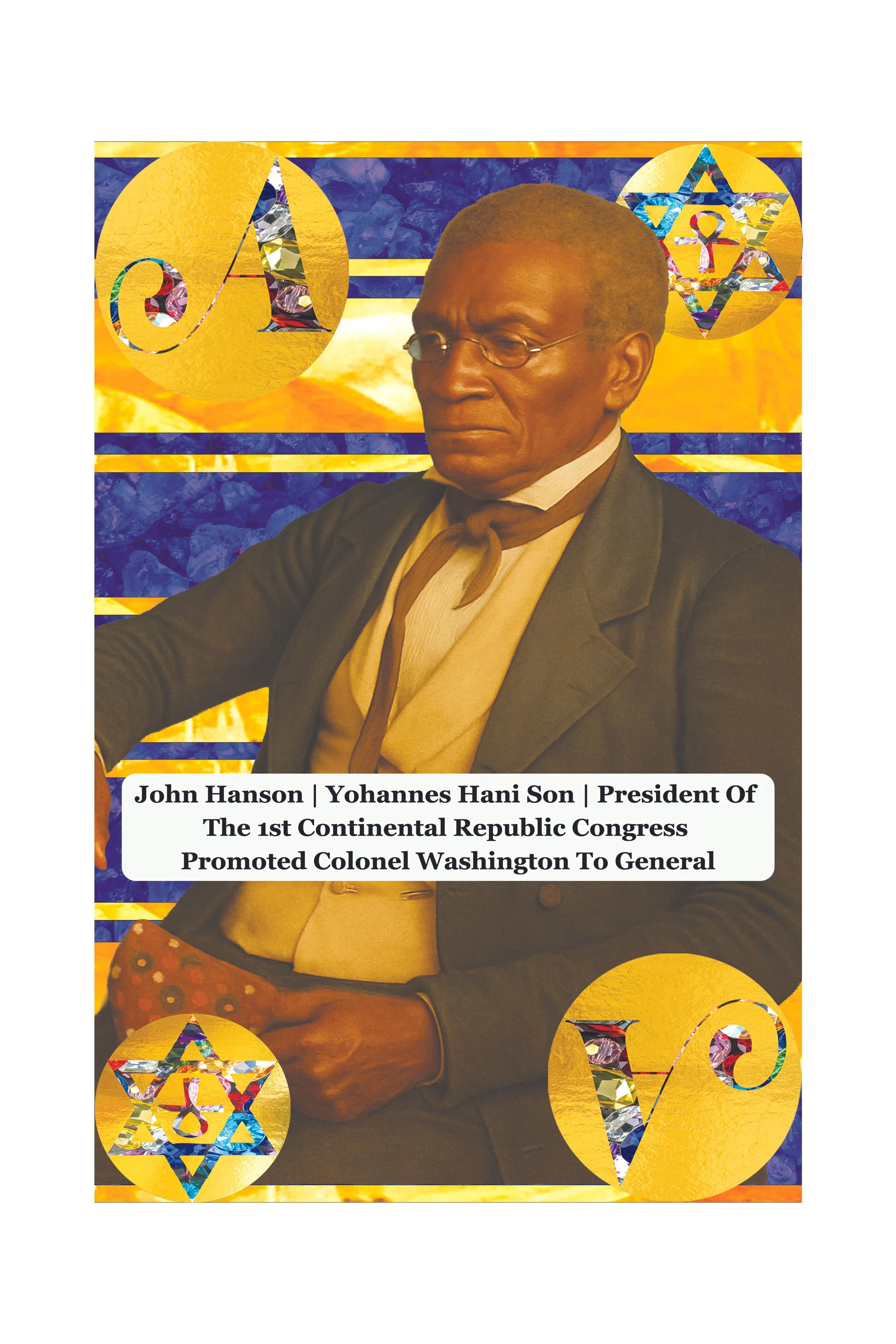 A collage featuring a man in vintage attire with glasses and a scarf, set against a colorful background with gold, blue, and yellow elements, including decorative letters and shapes, and a caption with a name and description.