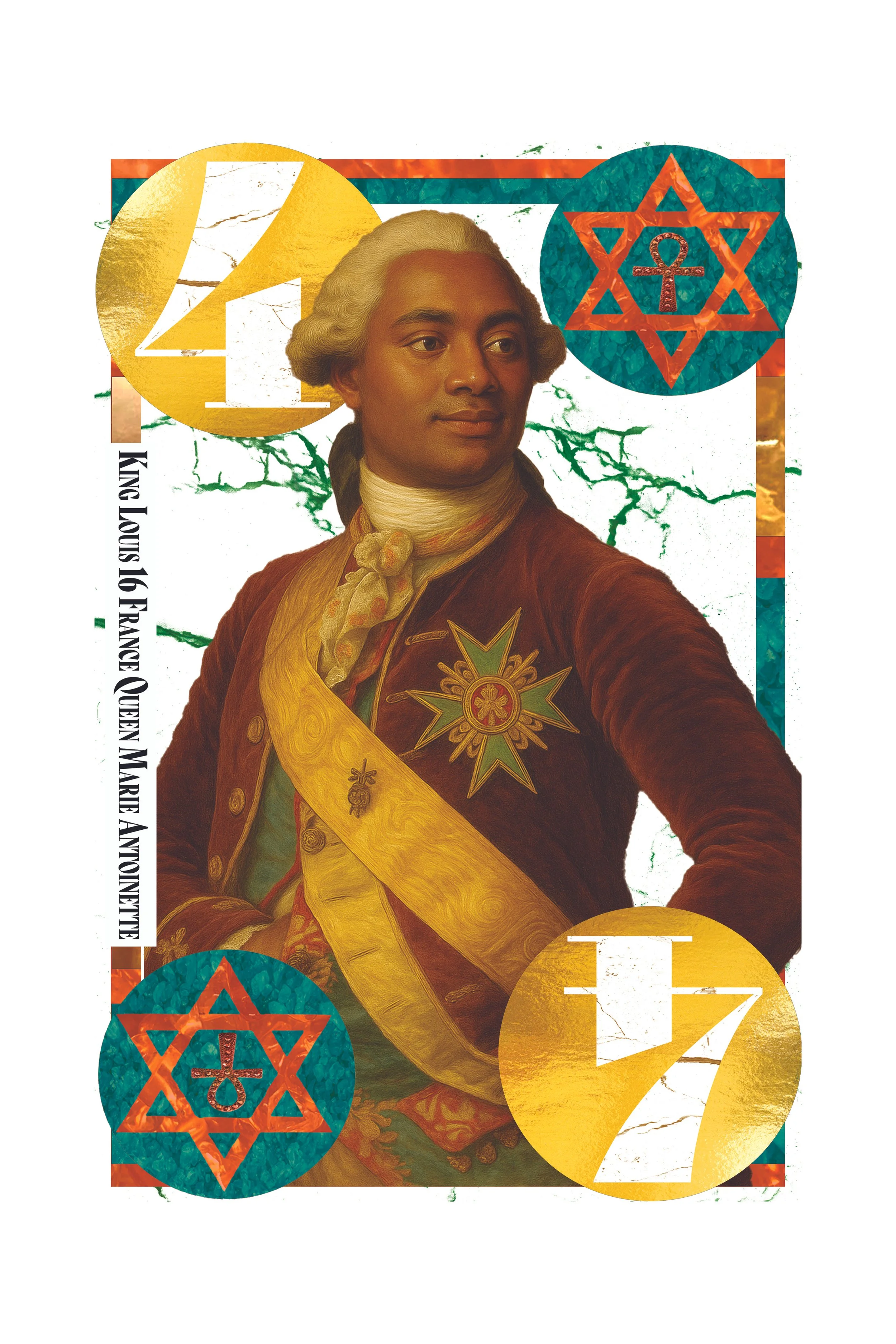 A colorful collage of a historical portrait of a woman with a yellow sash, surrounded by graphic elements including large yellow and teal circles with the number 7, and teal circles with a Star of David and an ankh symbol.