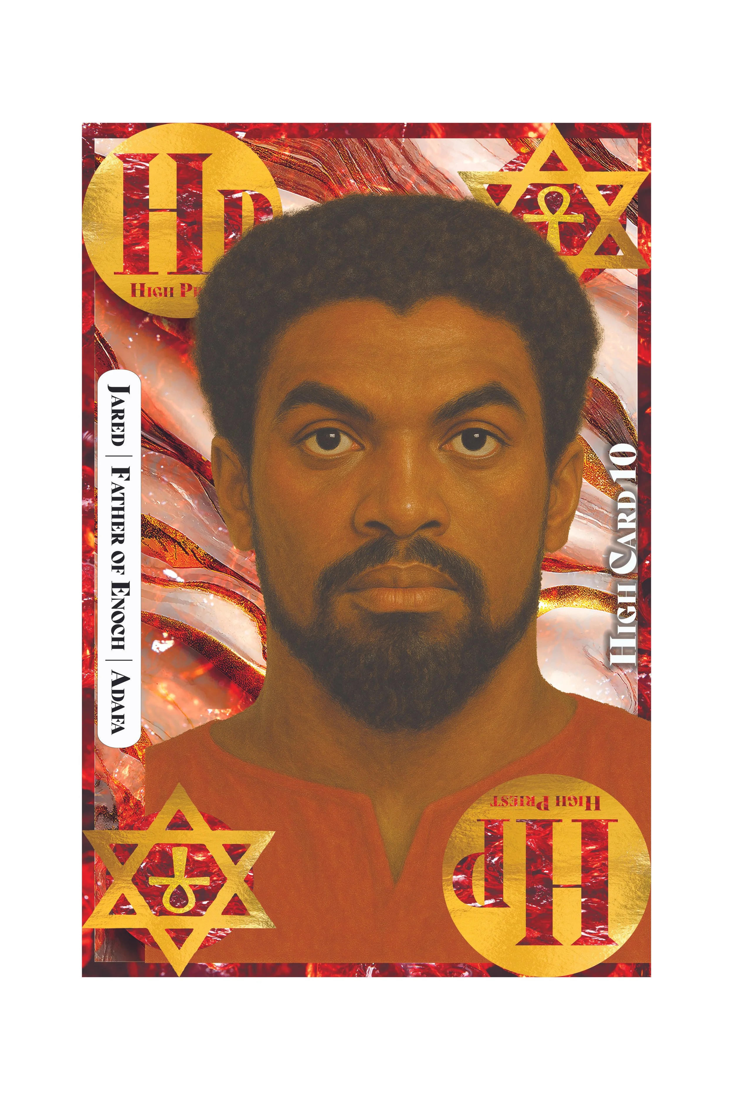 Close-up of a young man's face with dark hair and beard, surrounded by abstract red and gold patterns, and high priest.org text.