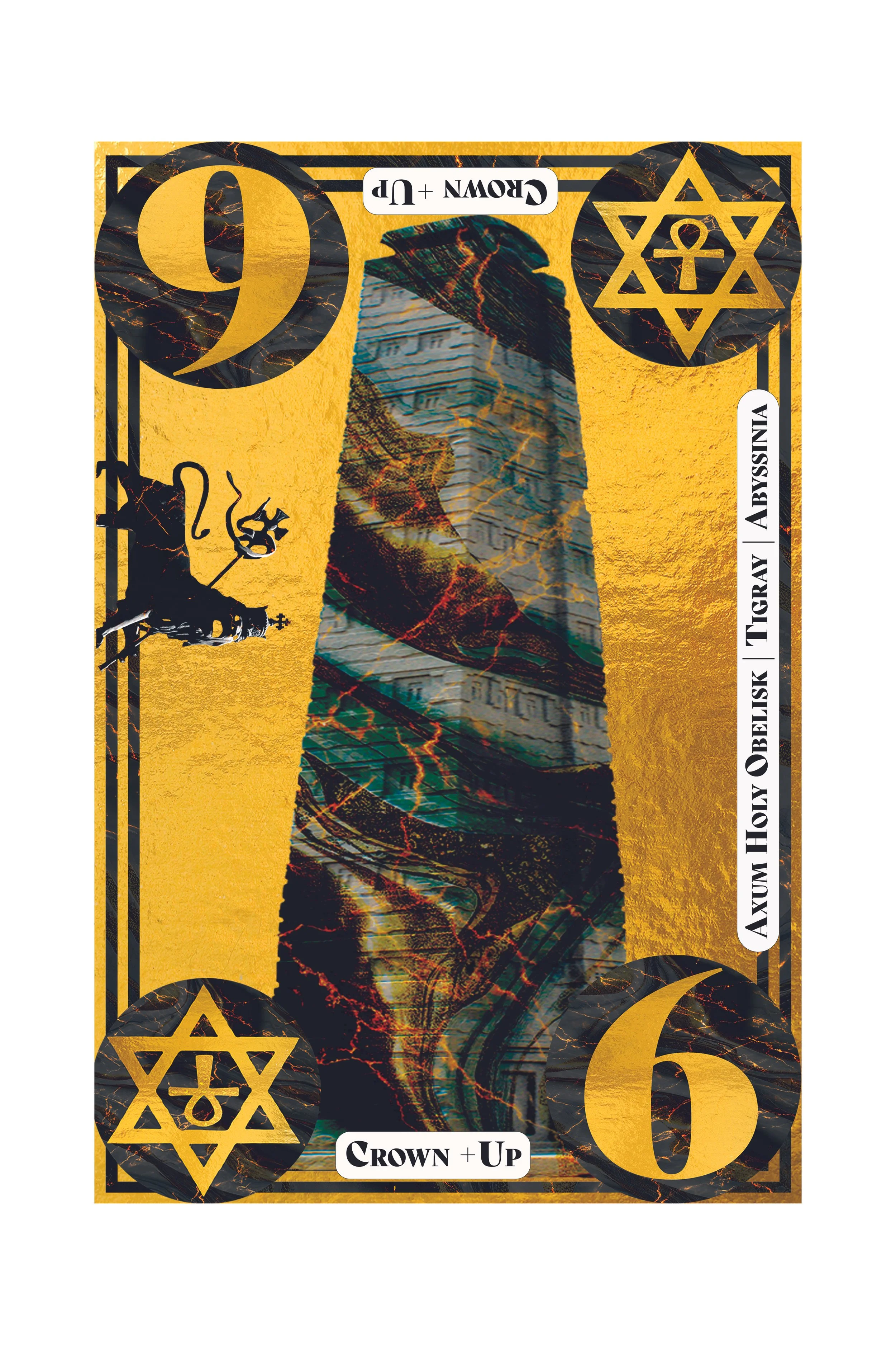 A stylized dollar bill with a yellow and black marble texture, features the number 6, and symbols including a pentagram and Star of David. The bill has text reading "CROWN + UP" and "AUXI HOLY OBEY GRAY / ABYSSINIA".