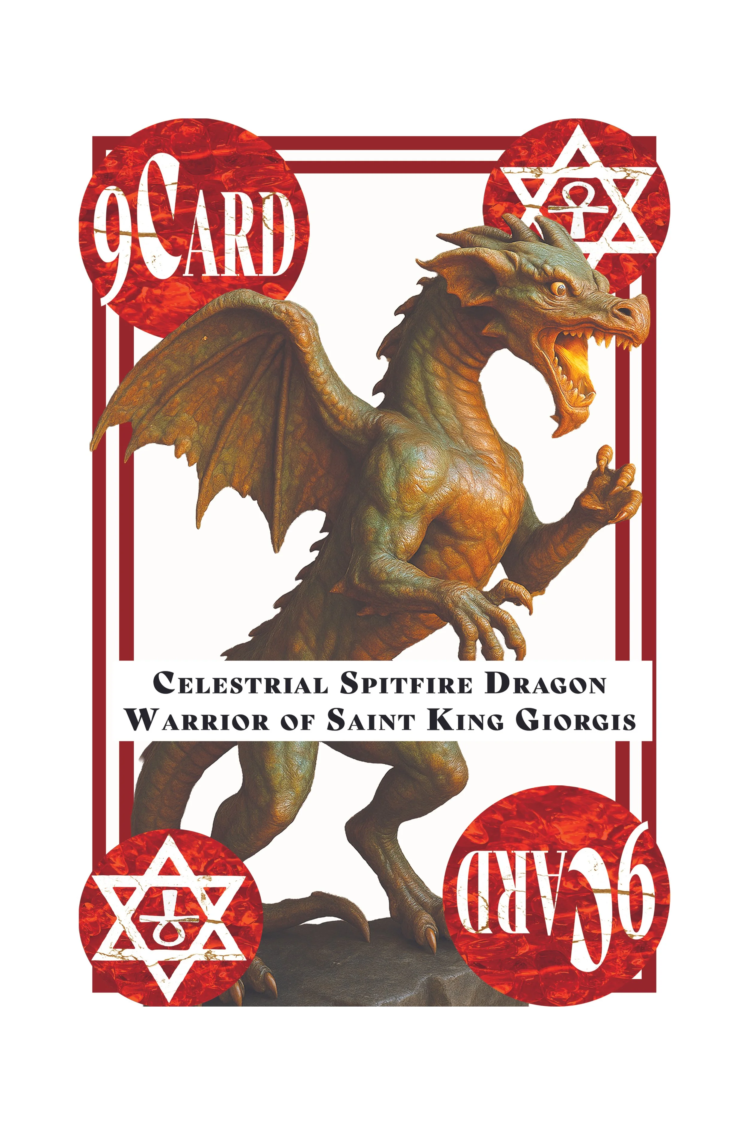 A fantasy-style illustration of a dragon with green and brown scales, wings, and sharp teeth, standing on a rock. The card features the text "9 Card" and "Celestial Spitfire Dragon Warrior of Saint King Giorgis" with decorative red circular elements 