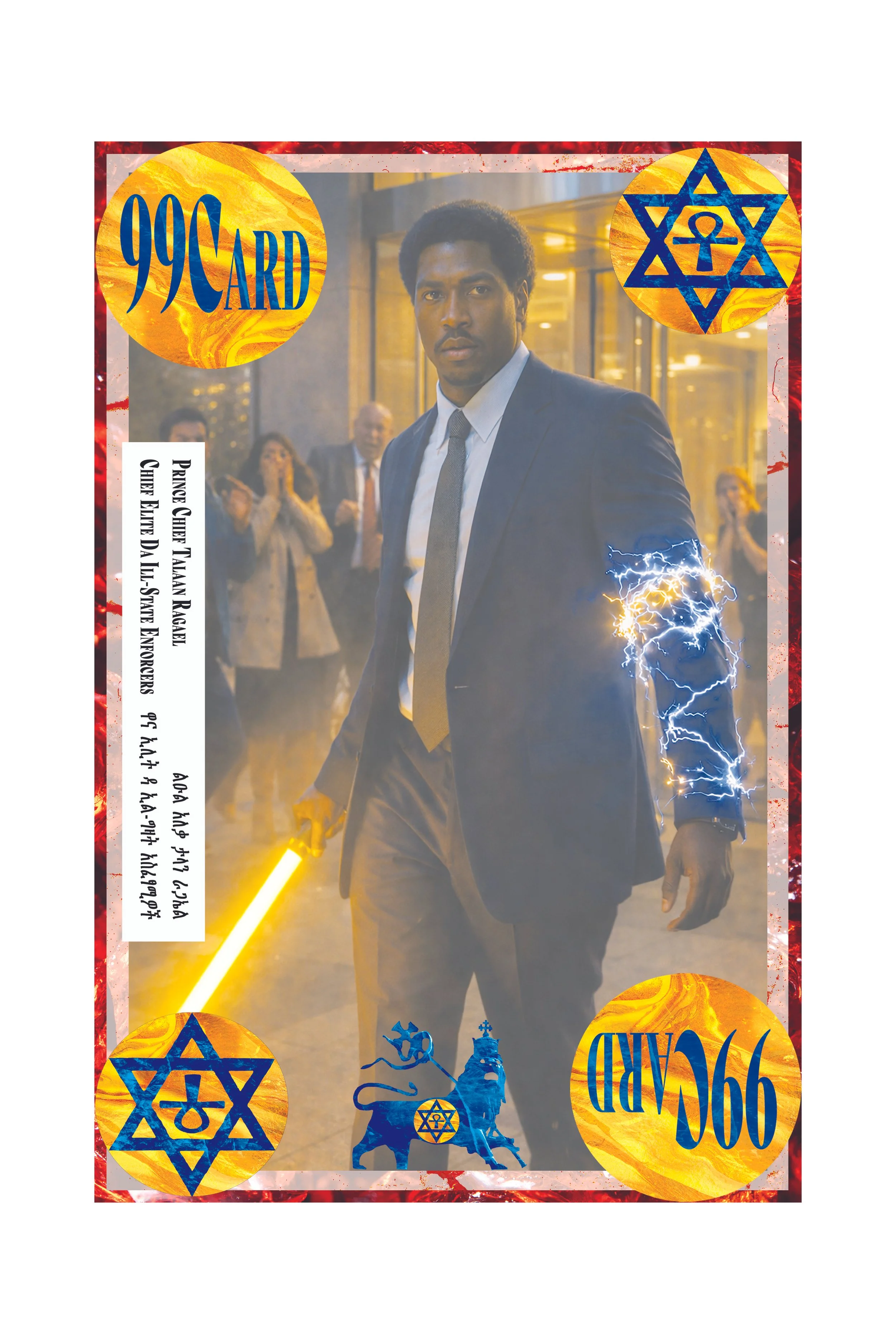 A modified dollar bill with a photo of a man in a suit holding a lightsaber, electrical sparks on his arm, and various symbols and designs, including Star of David and images related to Star Wars.
