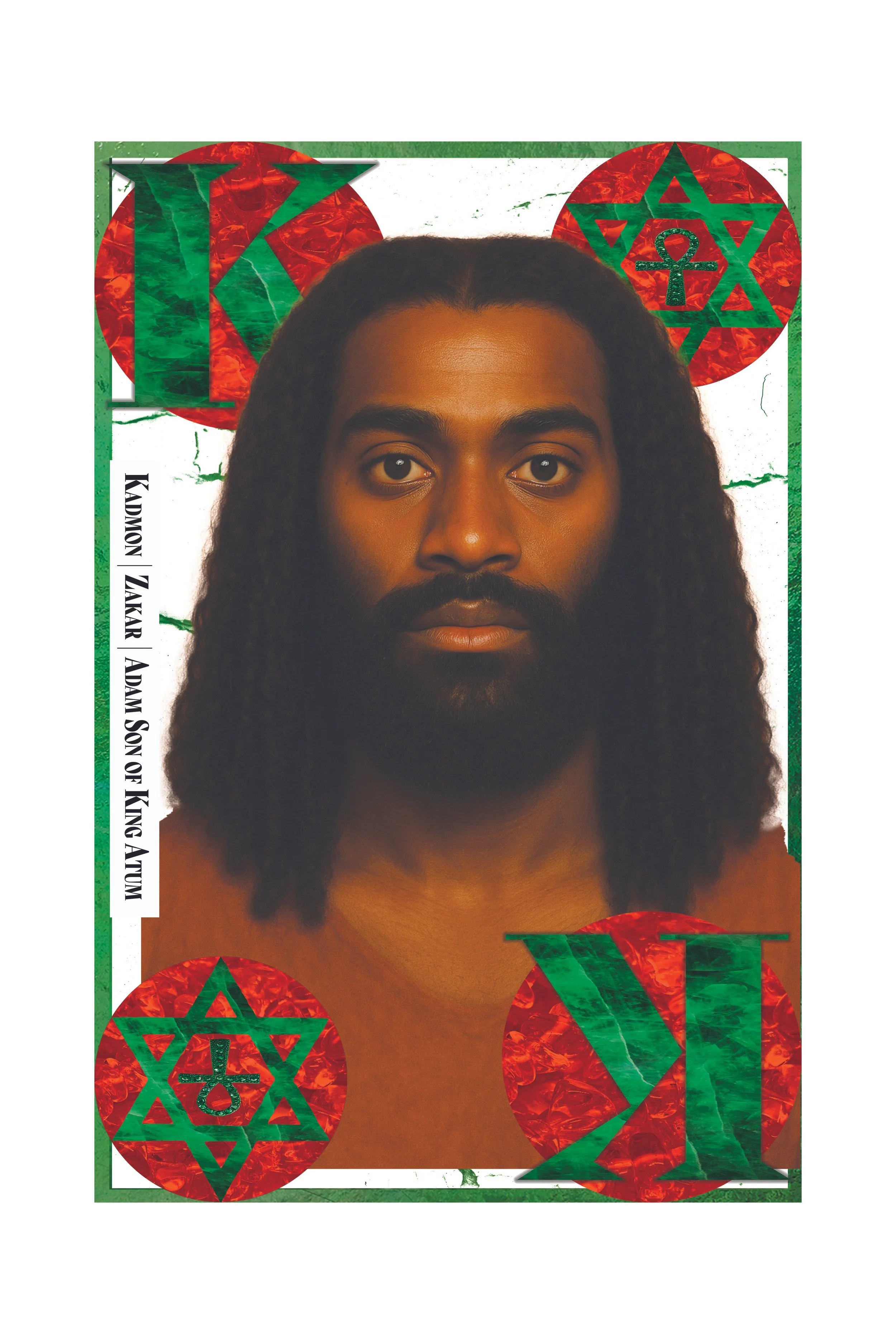 Close-up of a man with long, curly hair and a beard, with artwork featuring red and green geometric designs and Star of David symbols in the background.