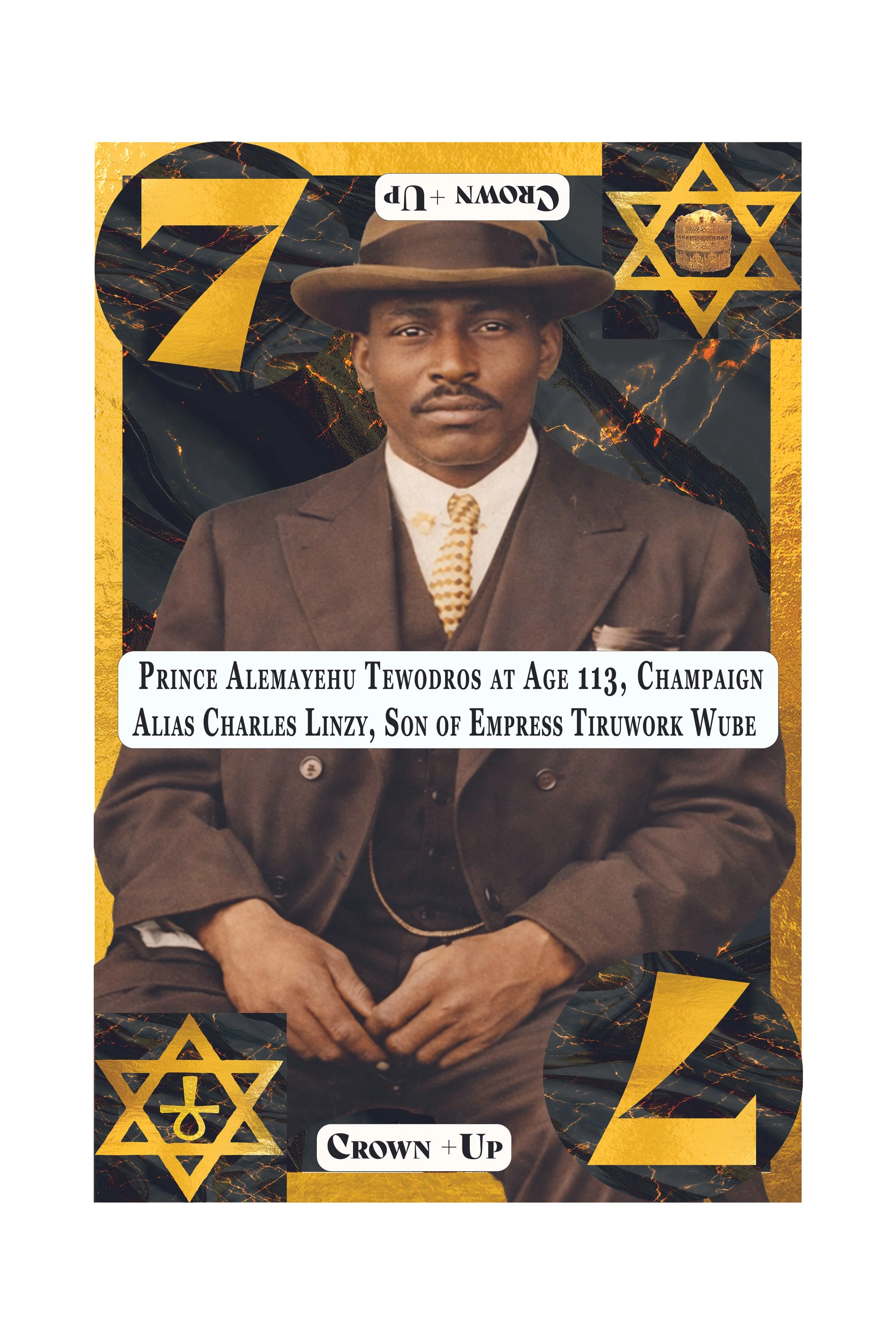 Historical photograph of Prince Alemayehu Tewodros at age 113 with modern graphic design elements including a black and gold marble background, stars of David, and textual overlays