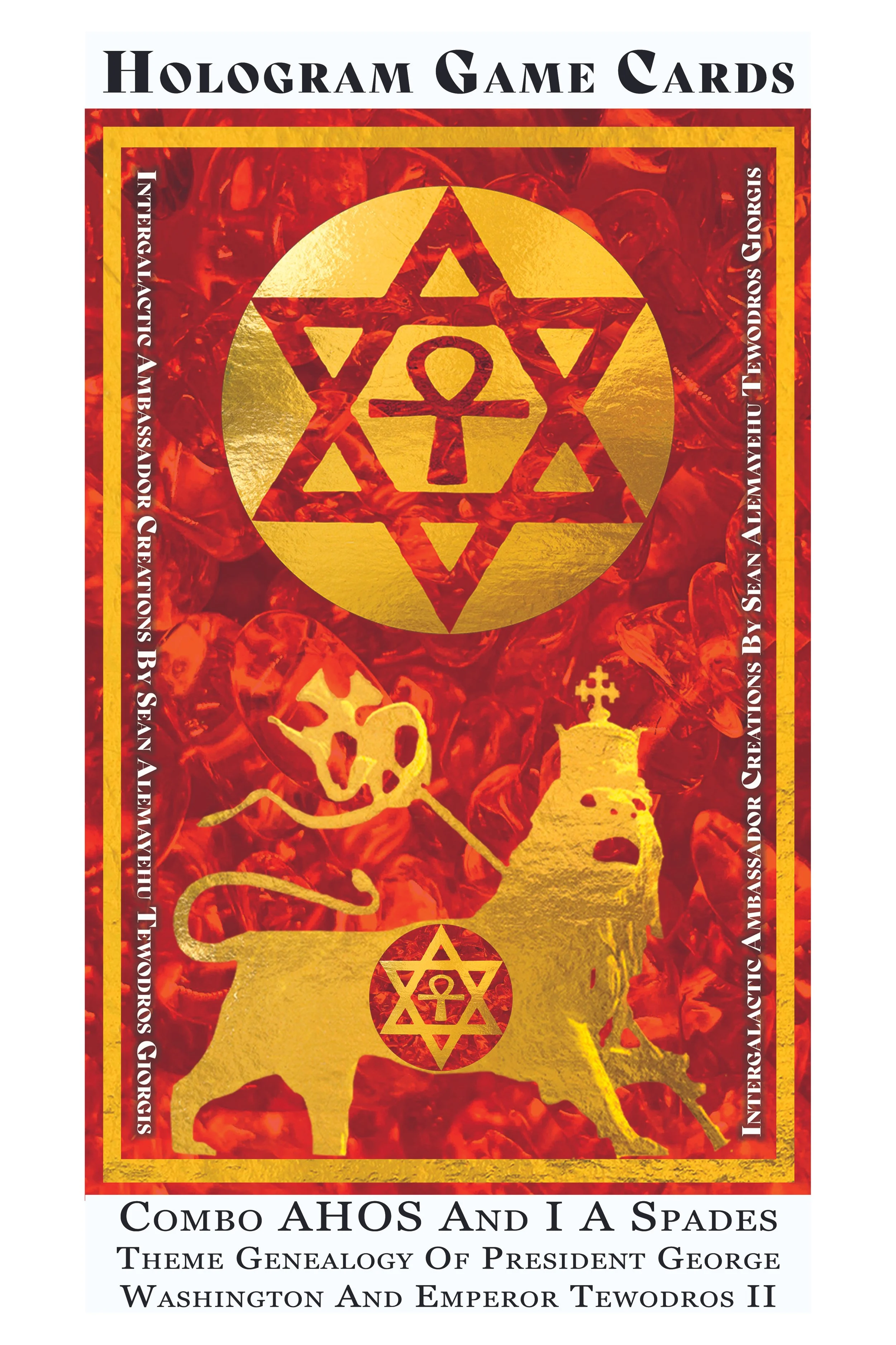 Deck of hologram game cards with gold symbols and religious symbols, including a skull, a cross, and sacred geometry, on a red marbled background, with text about American ideologies, president George Washington, and emperor Tewodros II.