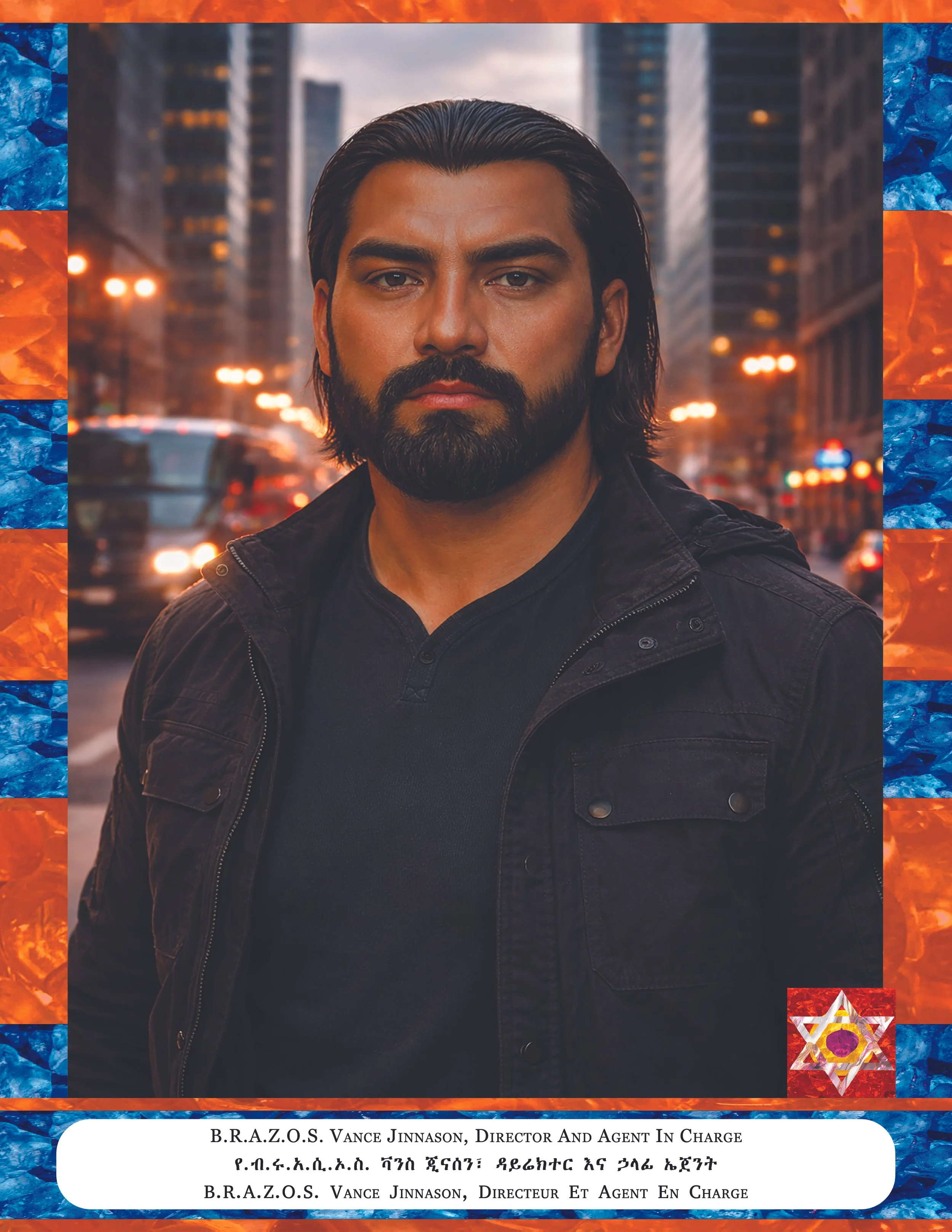 A portrait of a man with long dark hair and a beard, standing in a city street at sunset, framed by a decorative border with blue and orange gemstone patterns and a geometric star design.