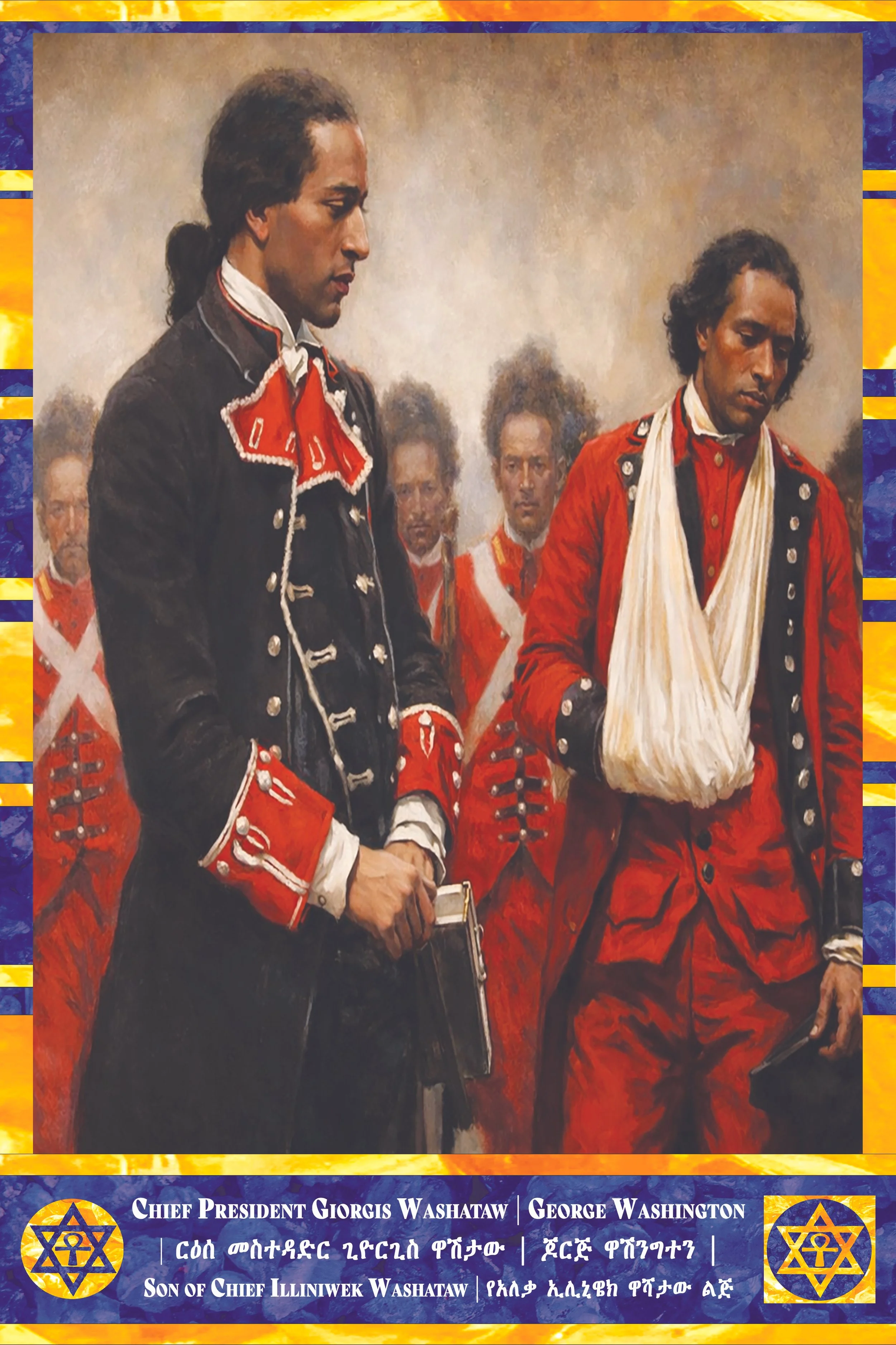 A historical painting of Chief President Giorgis Washatw and George Washington, dressed in 18th-century military attire, standing solemnly with others in red coats behind them.