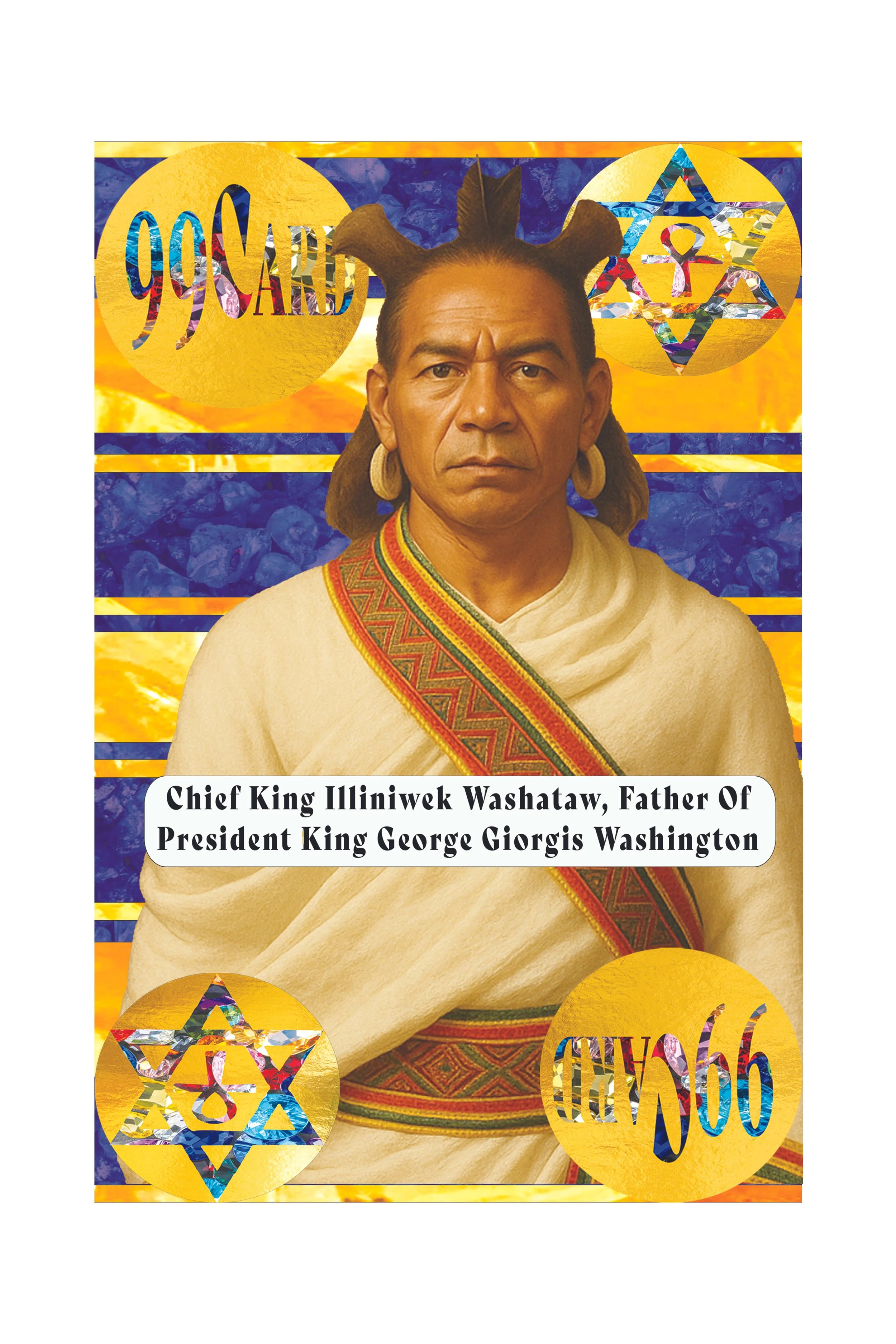 Portrait of Chief King Illiniwek Washataw, wearing traditional Native American attire, with a colorful background featuring geometric patterns, stars, and the number 96.