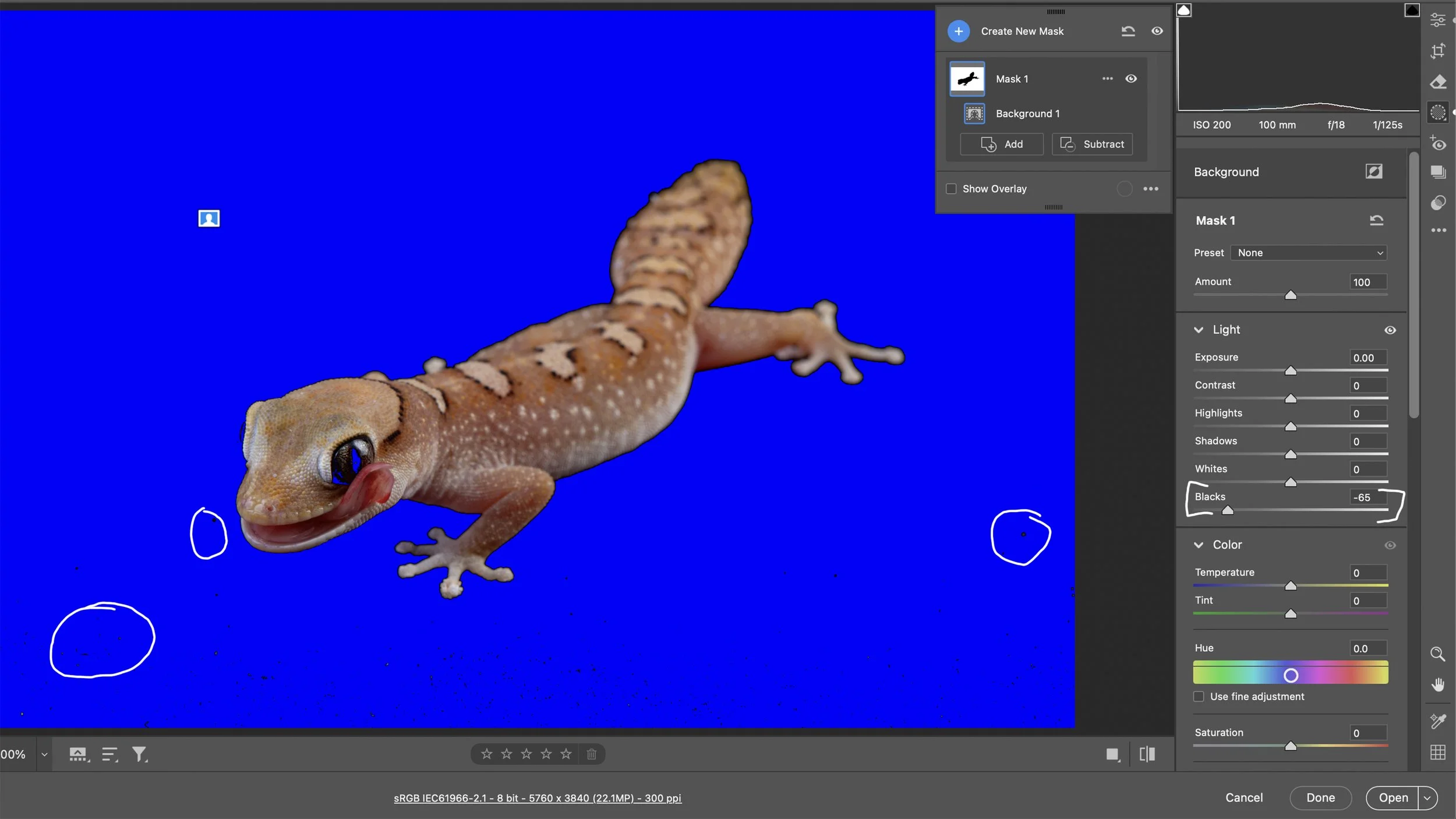 It’s time to make the background completely black!  Click the Masking (M) icon in the right sidebar.  The Masking Tool allows you to edit any sort of the image using a variety of tools to define the area you want to edit.  Click on the Background in 