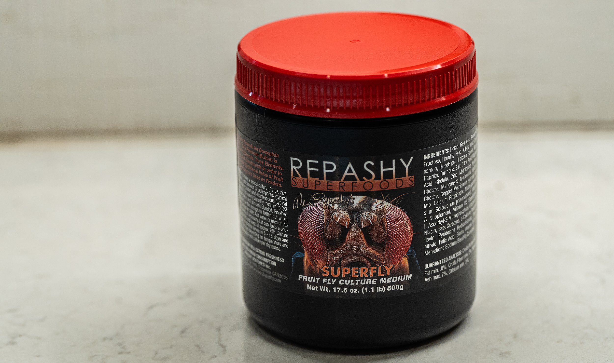 I’ve tried most of the commercially available fruit fly media on the market, and I’ve found that I get the best production with Repashy Superfly, so the steps in this tutorial will be for that media. I encourage you to try different media or even ma