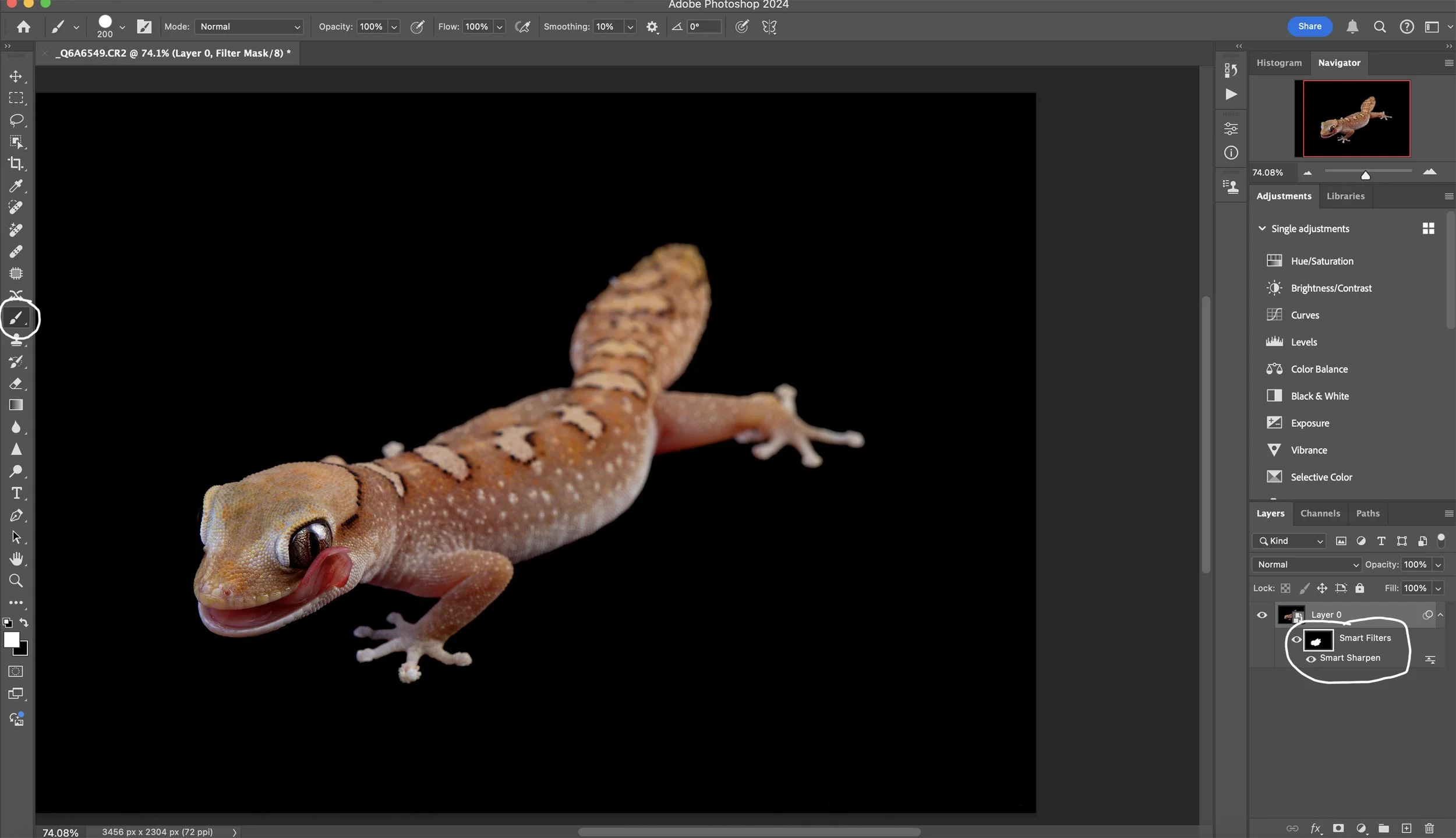 After marks/artifacts/blemishes are removed, it’s time to output sharpen the image for print and/or web.  Convert the image for smart filters, then use Smart Sharpen.  The Amount for Print and Web can be the same, but the radius needs to be adjusted.