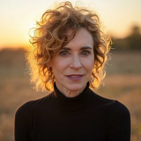 A woman with curly, blonde hair outdoors at sunset, wearing a black turtleneck.