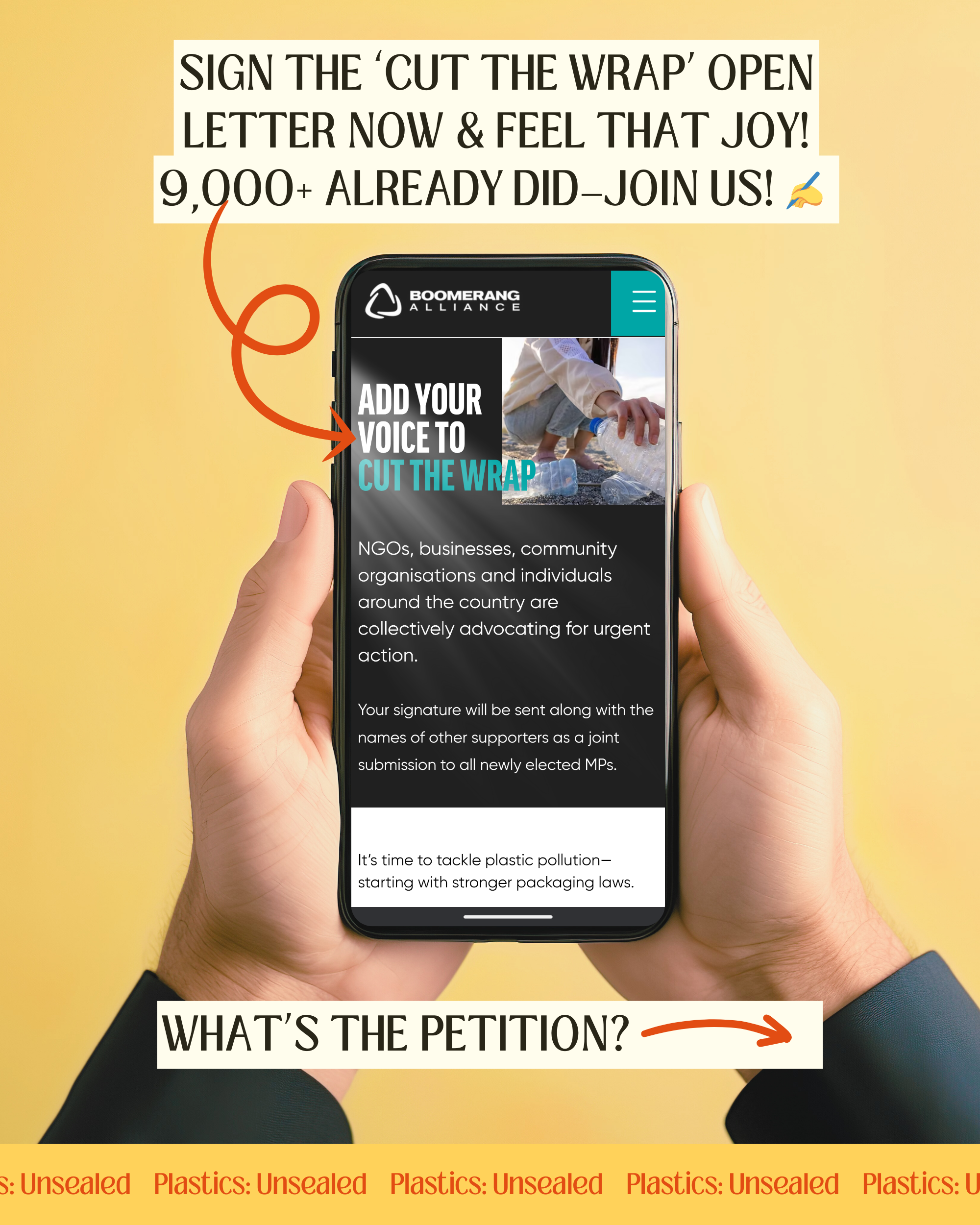 Mobile device displaying Boomerang Alliance's Cut the Wrap open letter