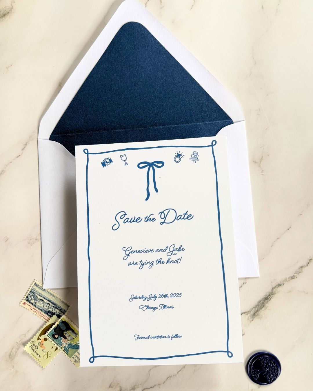 Sapphire Ribbon Save the Date – Blue Wedding Announcement with Hand-Drawn Doodles